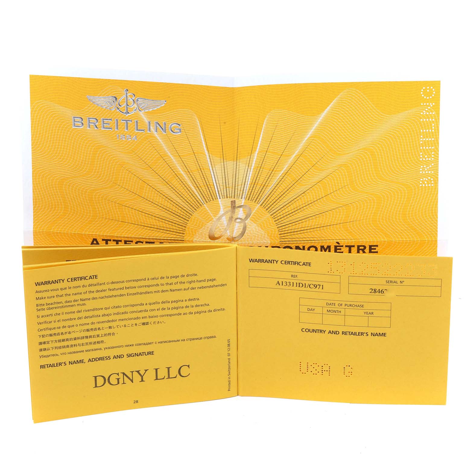 The image shows the warranty certificate for a Breitling Superocean A13311 Men's Stainless Steel Blue Dial A13311 Men's Stainless Steel Blue Dial watch, prominently displaying the brand's logo.