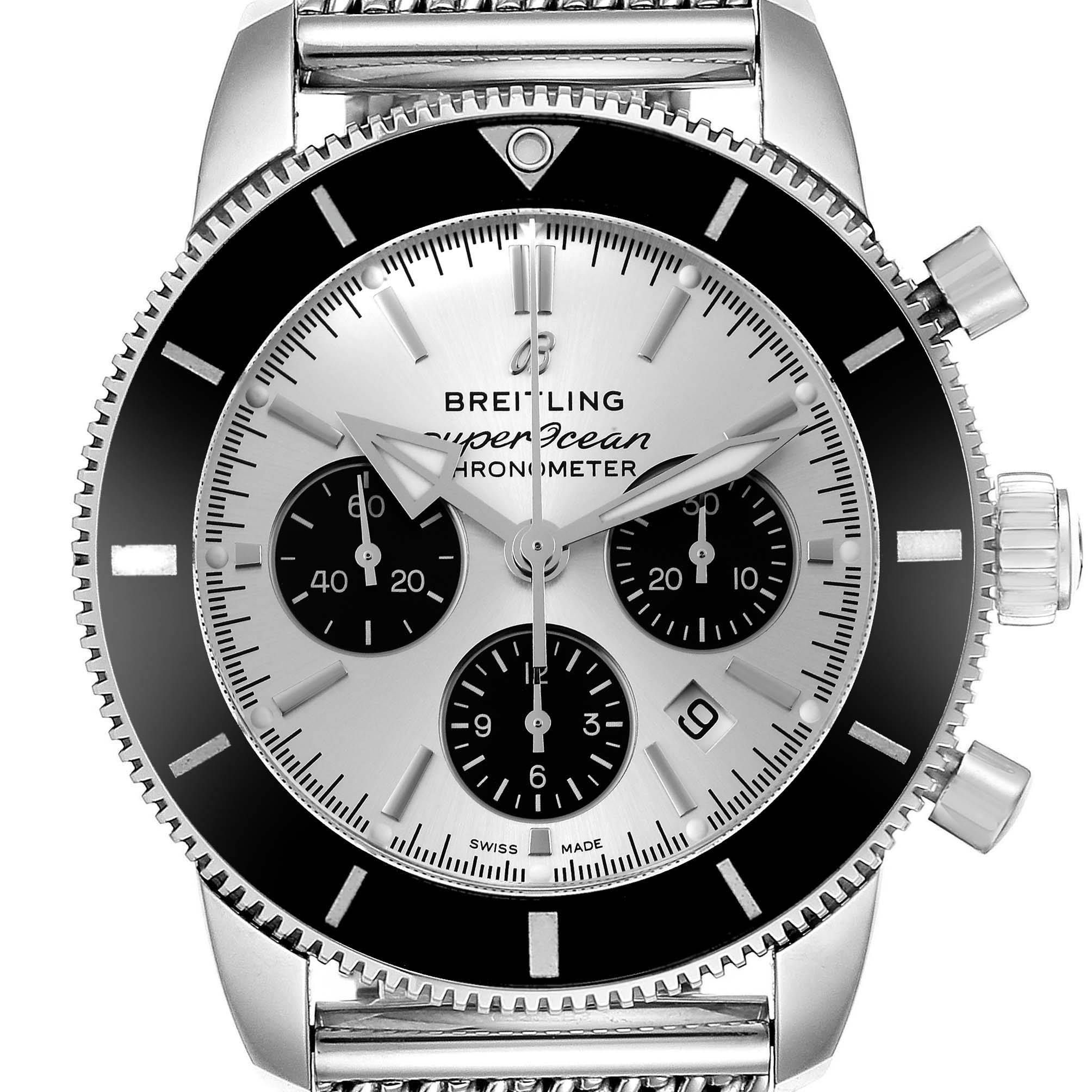 This image shows a close-up of the Breitling Superocean AB0162 Men's Stainless Steel Silver Dial AB0162 Men's Stainless Steel Silver Dial watch, highlighting its dial, bezel, chronograph subdials, and crown.