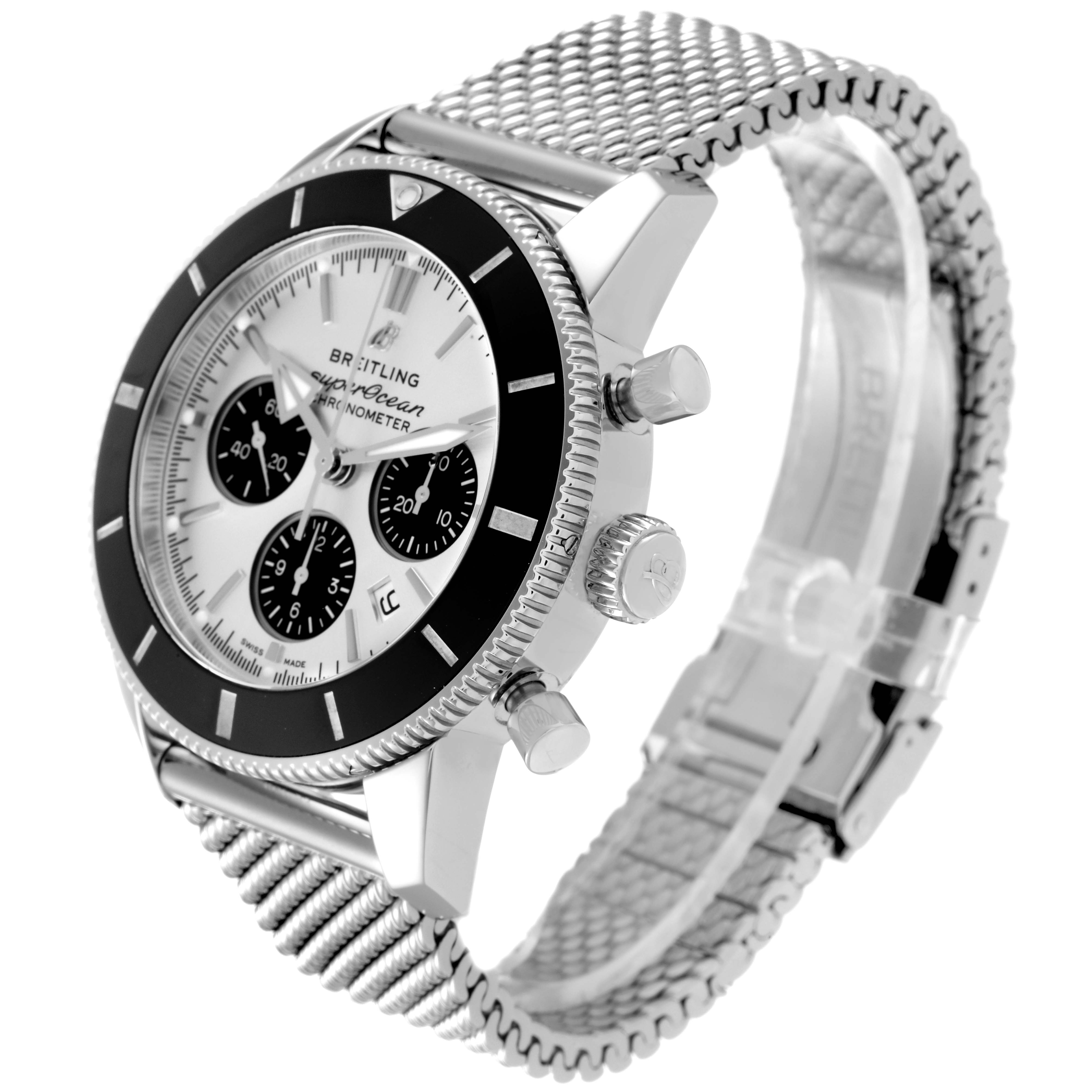 This image displays a side-angle view of the Breitling Superocean AB0162 Men's Stainless Steel Silver Dial AB0162 Men's Stainless Steel Silver Dial watch, highlighting its face, bezel, crown, pushers, and bracelet.