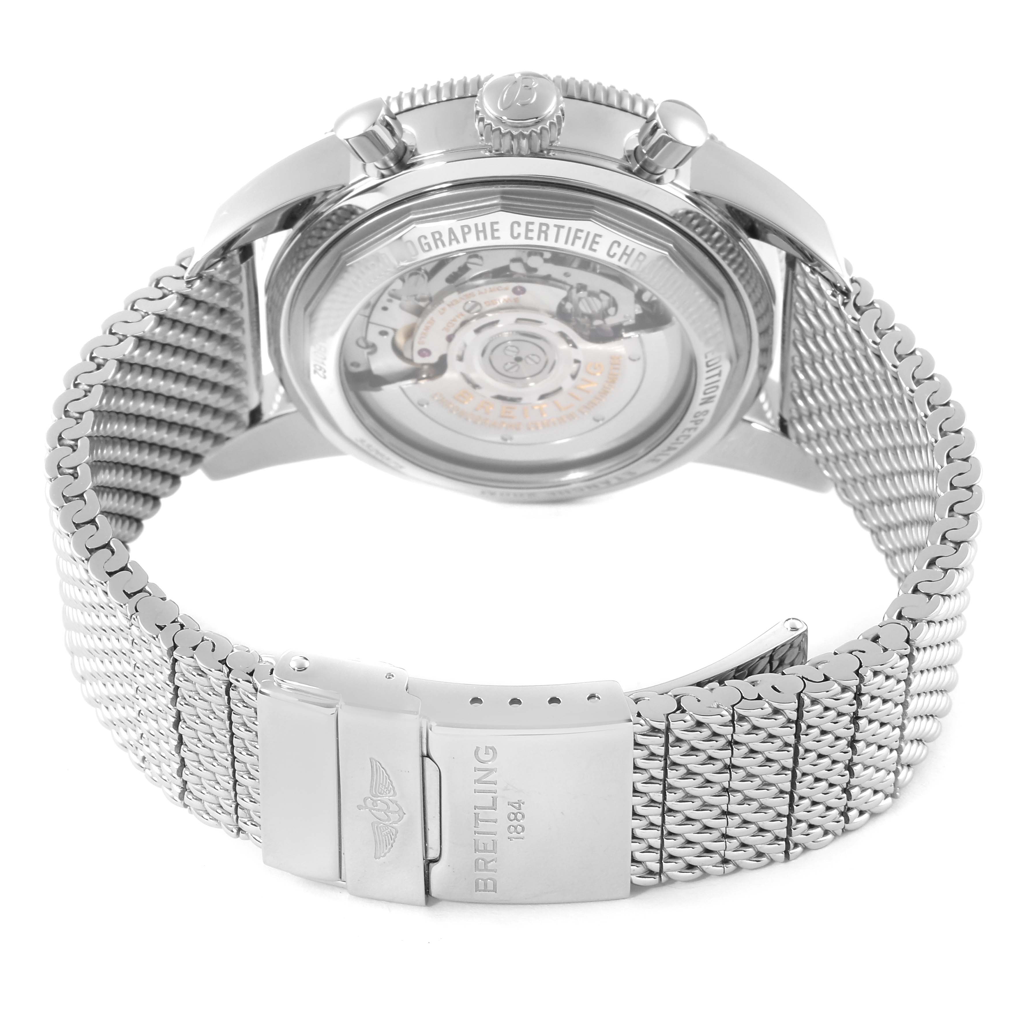 This image shows the back and side view of the Breitling Superocean AB0162 Men's Stainless Steel Silver Dial AB0162 Men's Stainless Steel Silver Dial watch, focusing on its open case back, crown, pushers, and metal mesh bracelet.