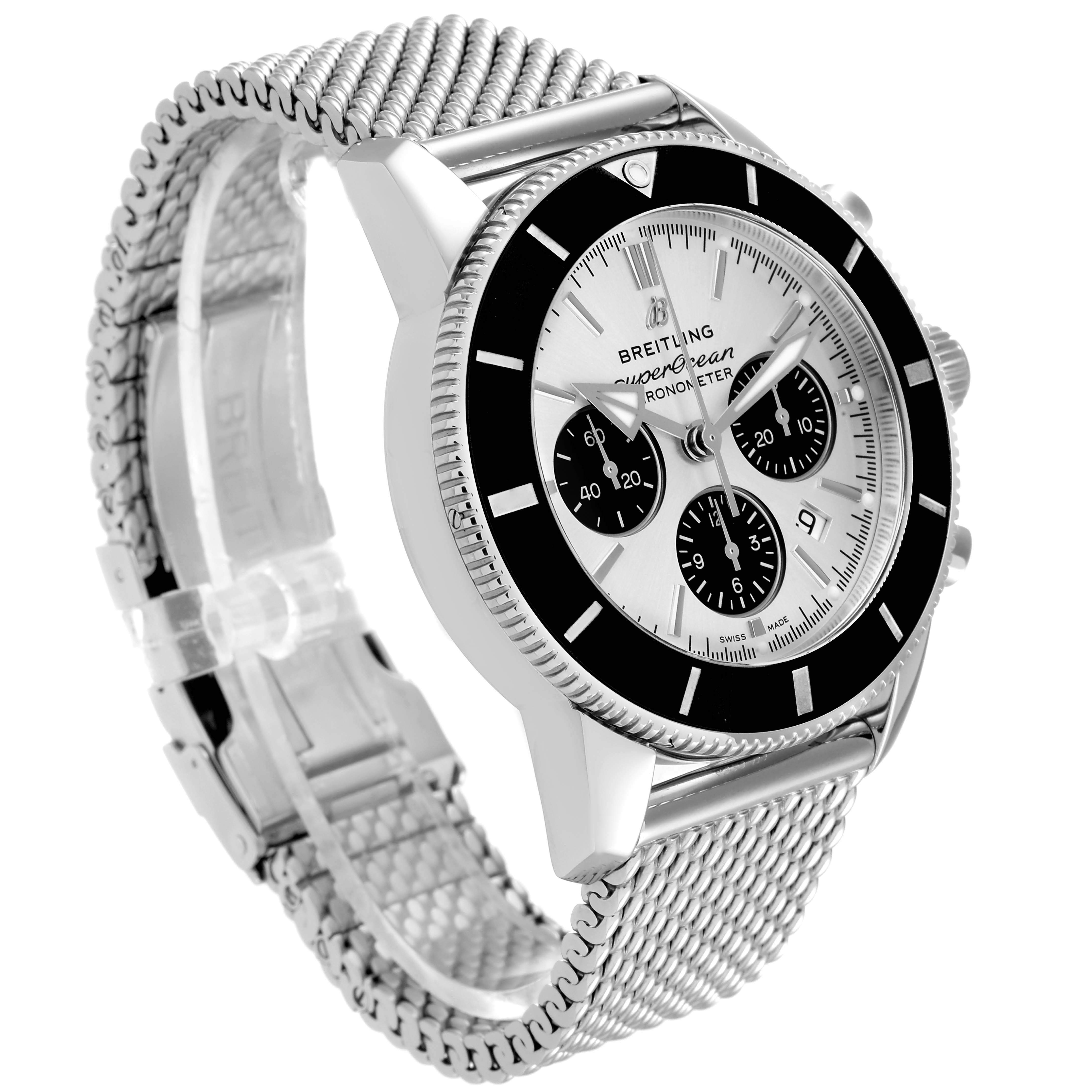 The Breitling Superocean AB0162 Men's Stainless Steel Silver Dial AB0162 Men's Stainless Steel Silver Dial watch is shown at an angle emphasizing its face, bezel, and mesh bracelet.