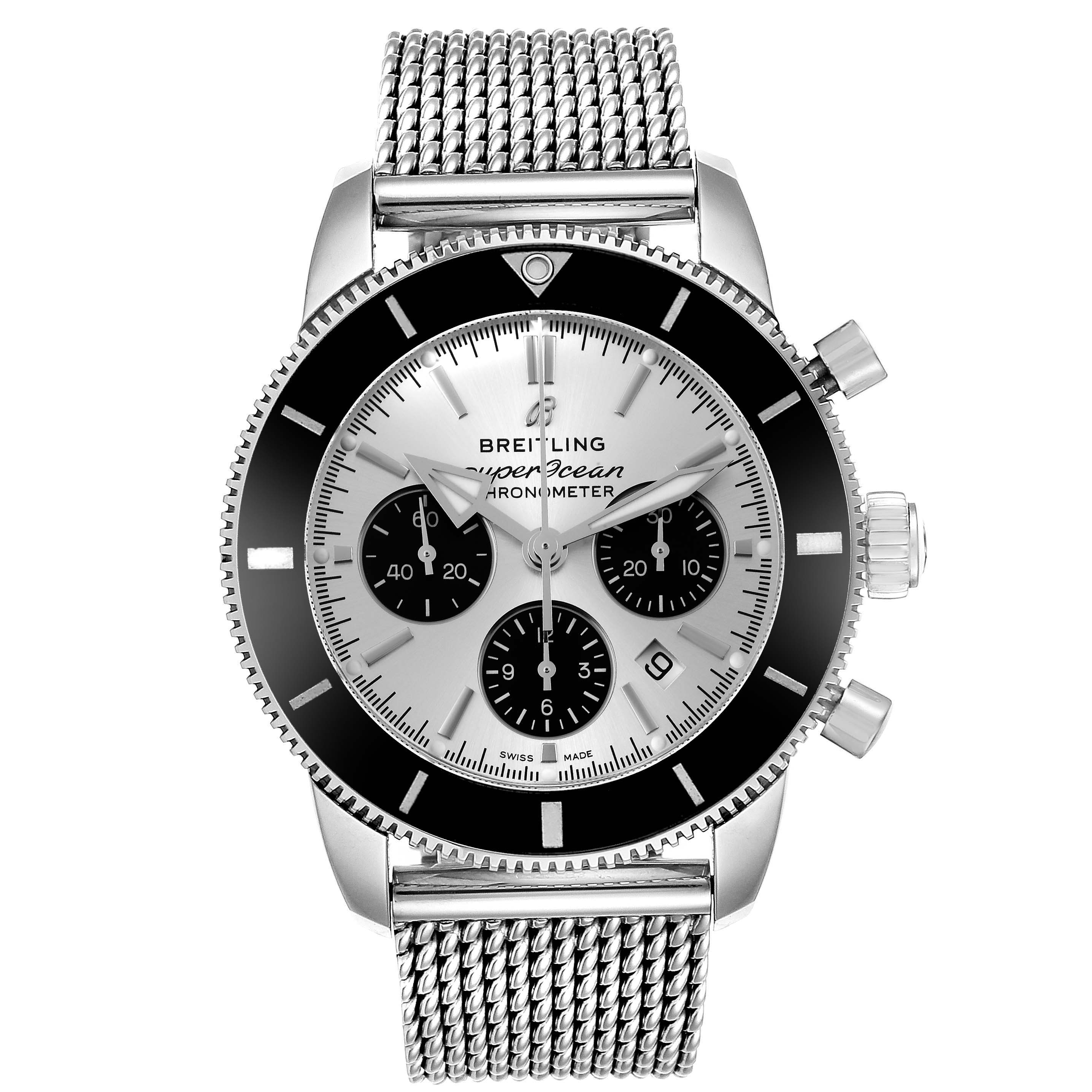 This image shows a front view of a Breitling Superocean AB0162 Men's Stainless Steel Silver Dial AB0162 Men's Stainless Steel Silver Dial watch with a mesh steel bracelet.