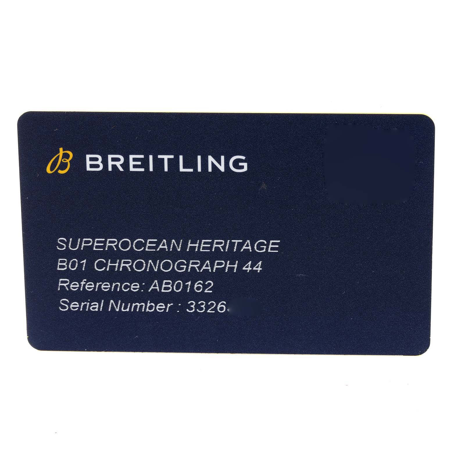 The image shows a Breitling Superocean AB0162 Men's Stainless Steel Silver Dial AB0162 Men's Stainless Steel Silver Dial Heritage B01 Chronograph 44 warranty card with the serial number.