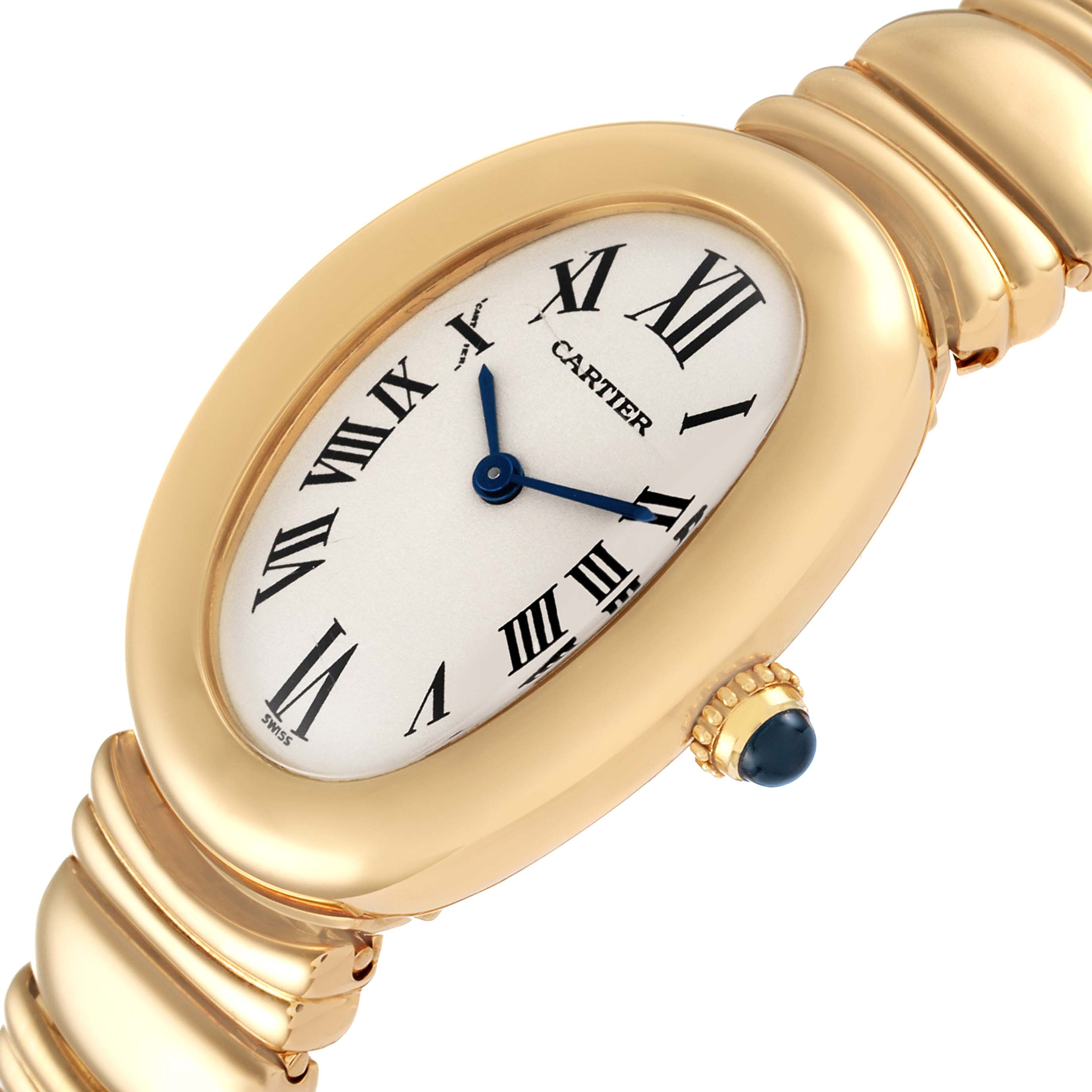 The image shows a close-up angled view of the Cartier Baignoire 1954 Women's Yellow Gold Silver Dial 1954 Women's Yellow Gold Silver Dial model watch, highlighting the face, crown, and part of the bracelet.