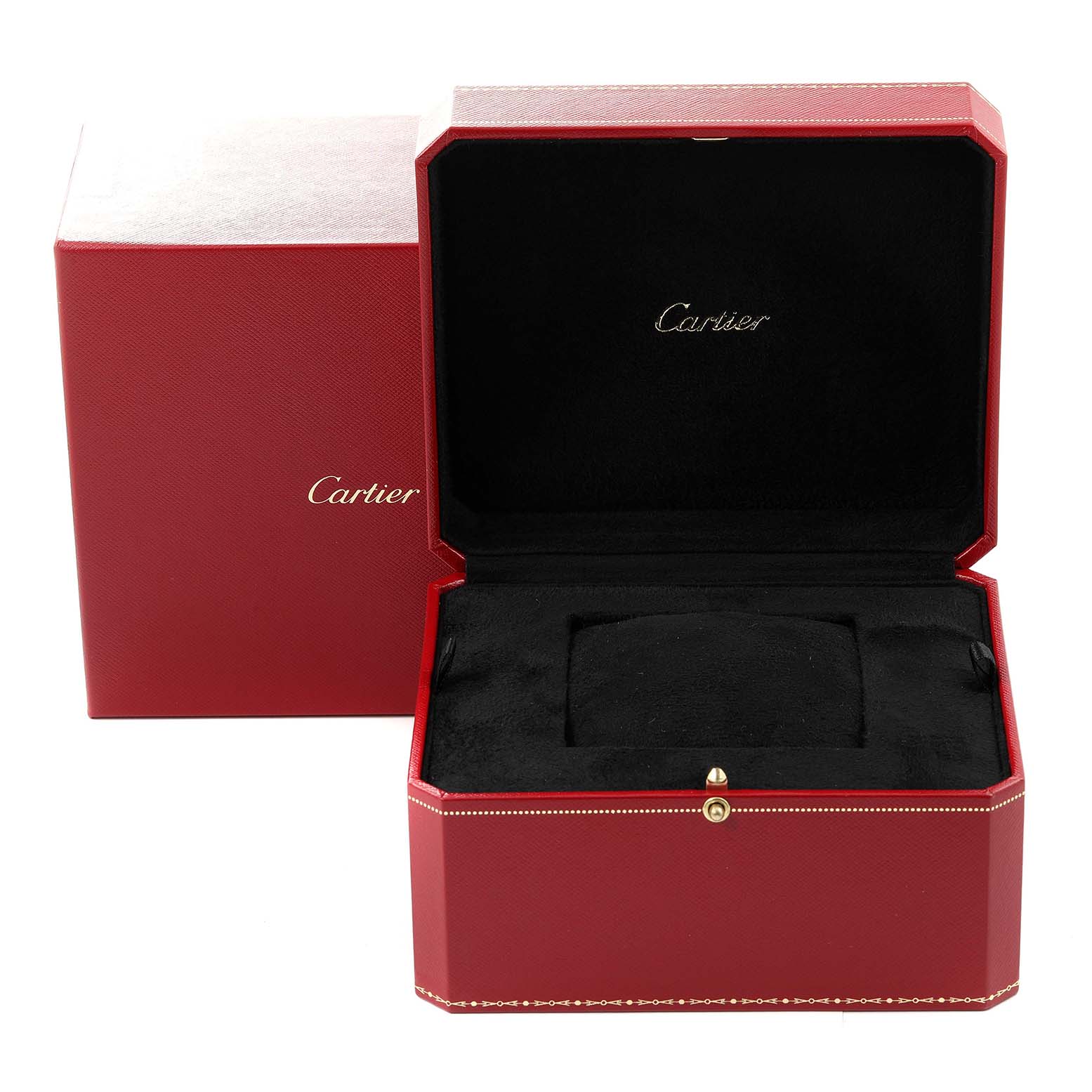 This image shows an open red Cartier box for the Baignoire model watch, showcasing its interior and exterior design.
