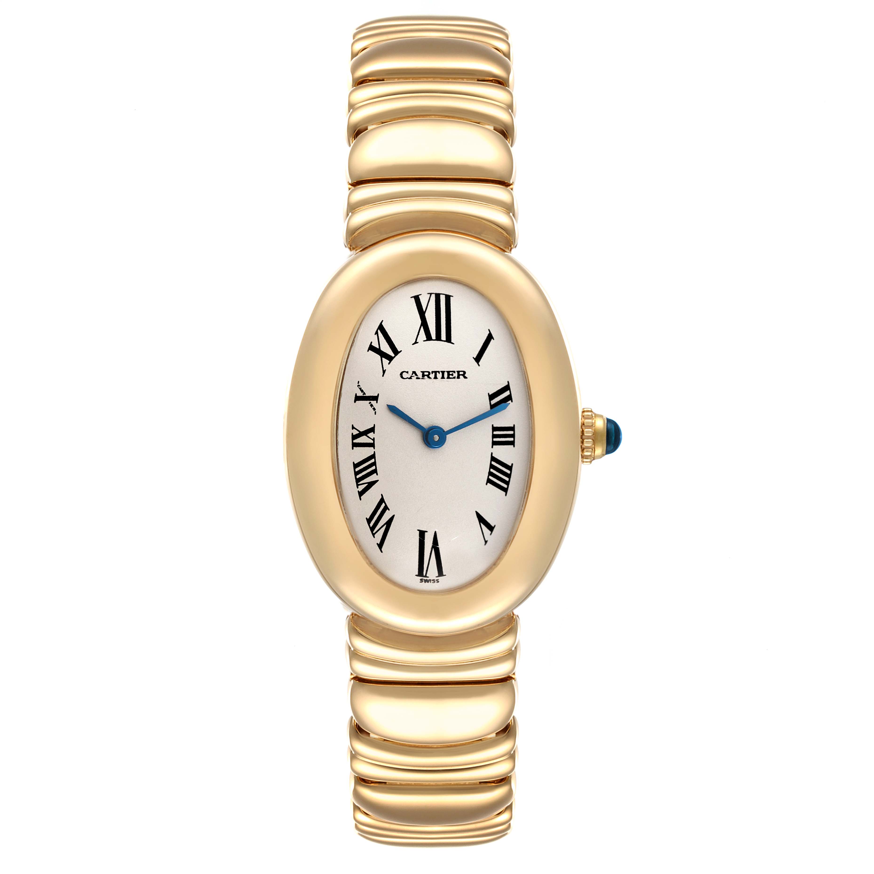 This image shows a Cartier Baignoire 1954 Women's Yellow Gold Silver Dial 1954 Women's Yellow Gold Silver Dial watch from a front angle, highlighting the dial, bezel, and part of the bracelet.