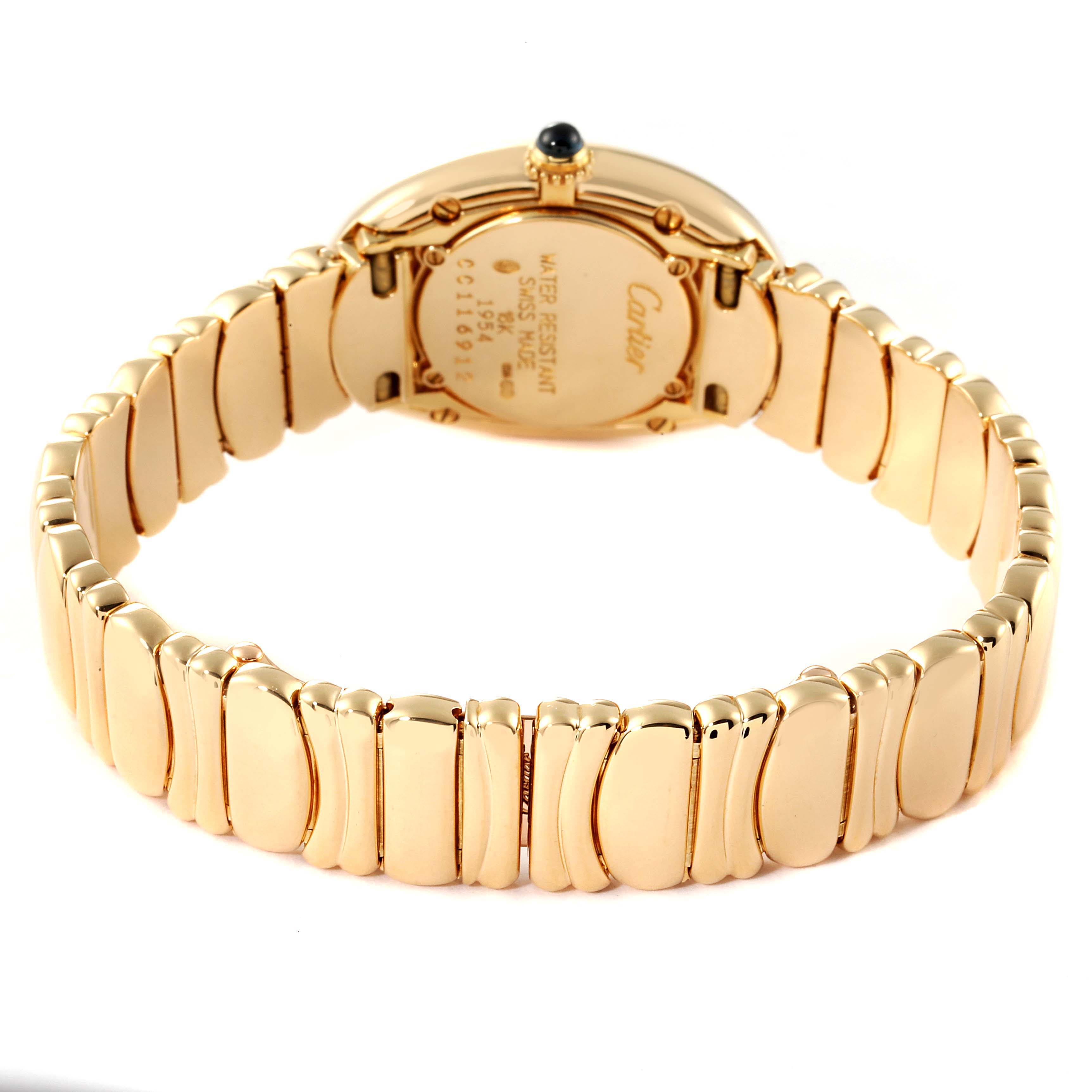 This image shows the back and bracelet of a Cartier Baignoire 1954 Women's Yellow Gold Silver Dial 1954 Women's Yellow Gold Silver Dial model watch from a rear angle.