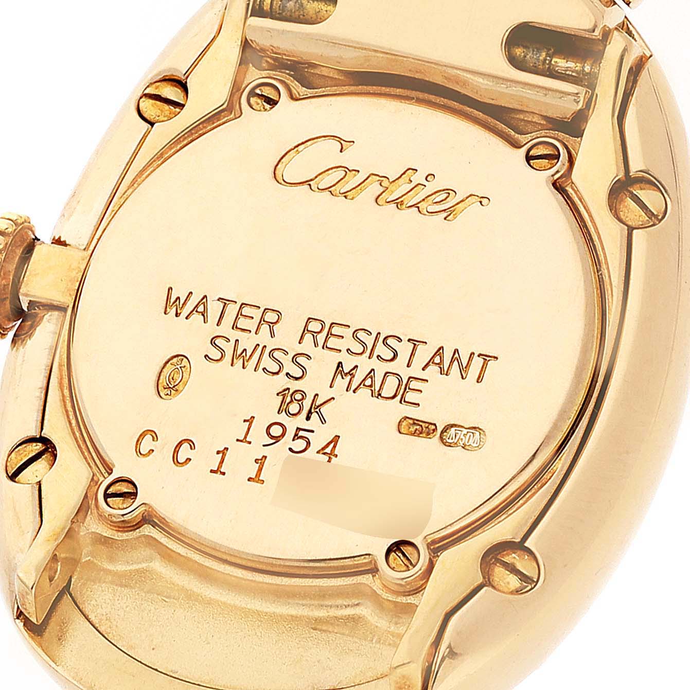 The image shows the back case of the Baignoire model by Cartier, highlighting details such as water resistance and material information.