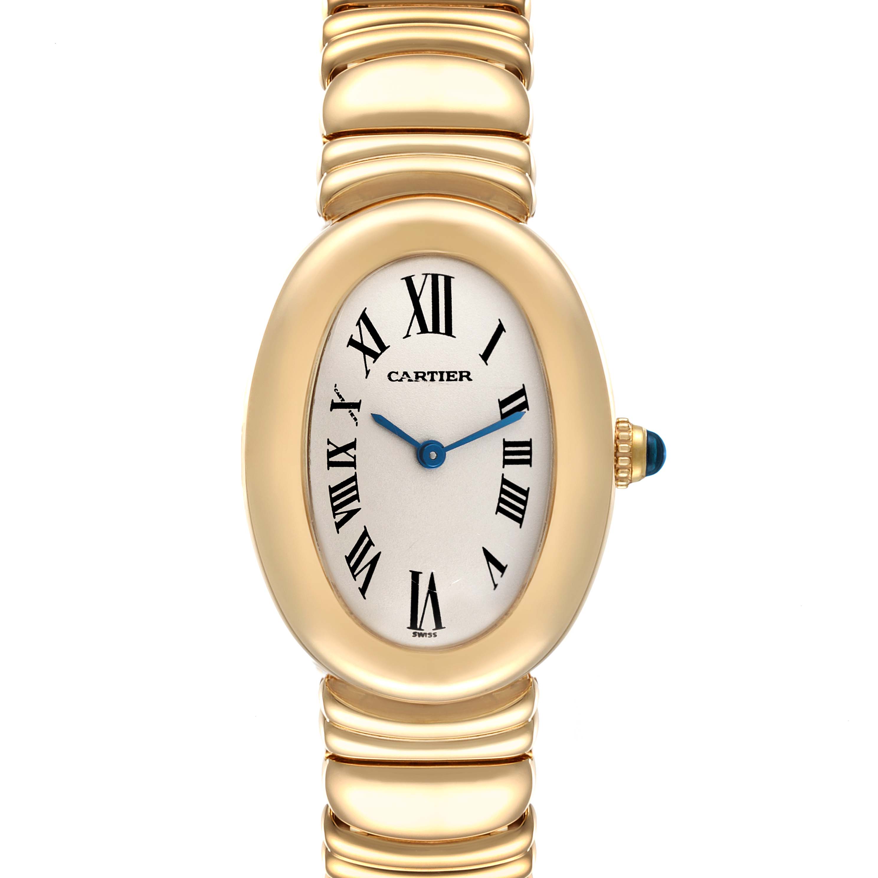 The image shows a front view of a Cartier Baignoire 1954 Women's Yellow Gold Silver Dial 1954 Women's Yellow Gold Silver Dial watch, displaying its oval face, Roman numerals, blue hands, and gold bracelet.
