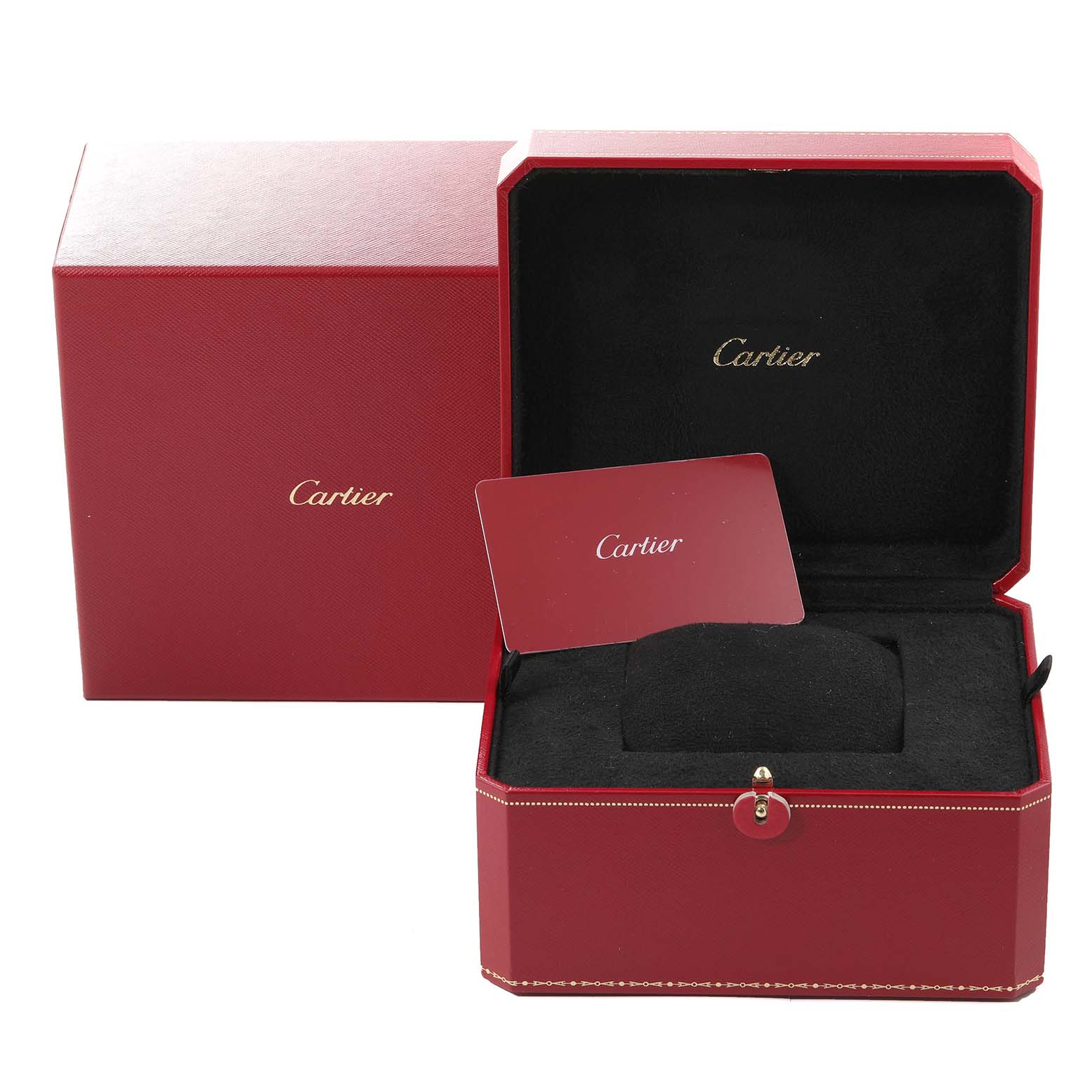 The image shows an opened Cartier Ballon Bleu WSBB0060 Men's Stainless Steel Grey Dial WSBB0060 Men's Stainless Steel Grey Dial watch box with an accompanying certificate card inside.