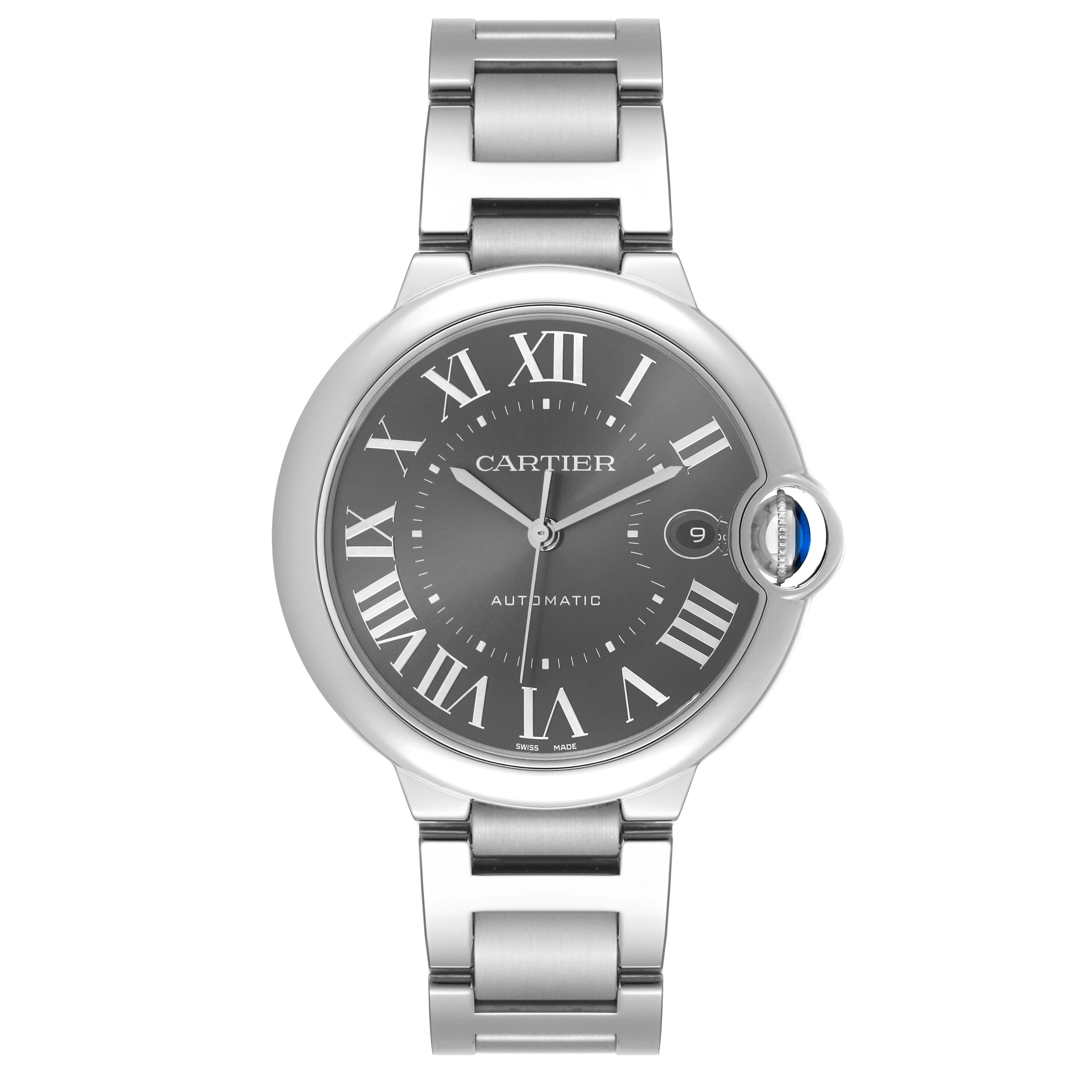 The Cartier Ballon Bleu WSBB0060 Men's Stainless Steel Grey Dial WSBB0060 Men's Stainless Steel Grey Dial watch is shown in a front view, displaying its dial, case, bracelet, and crown.