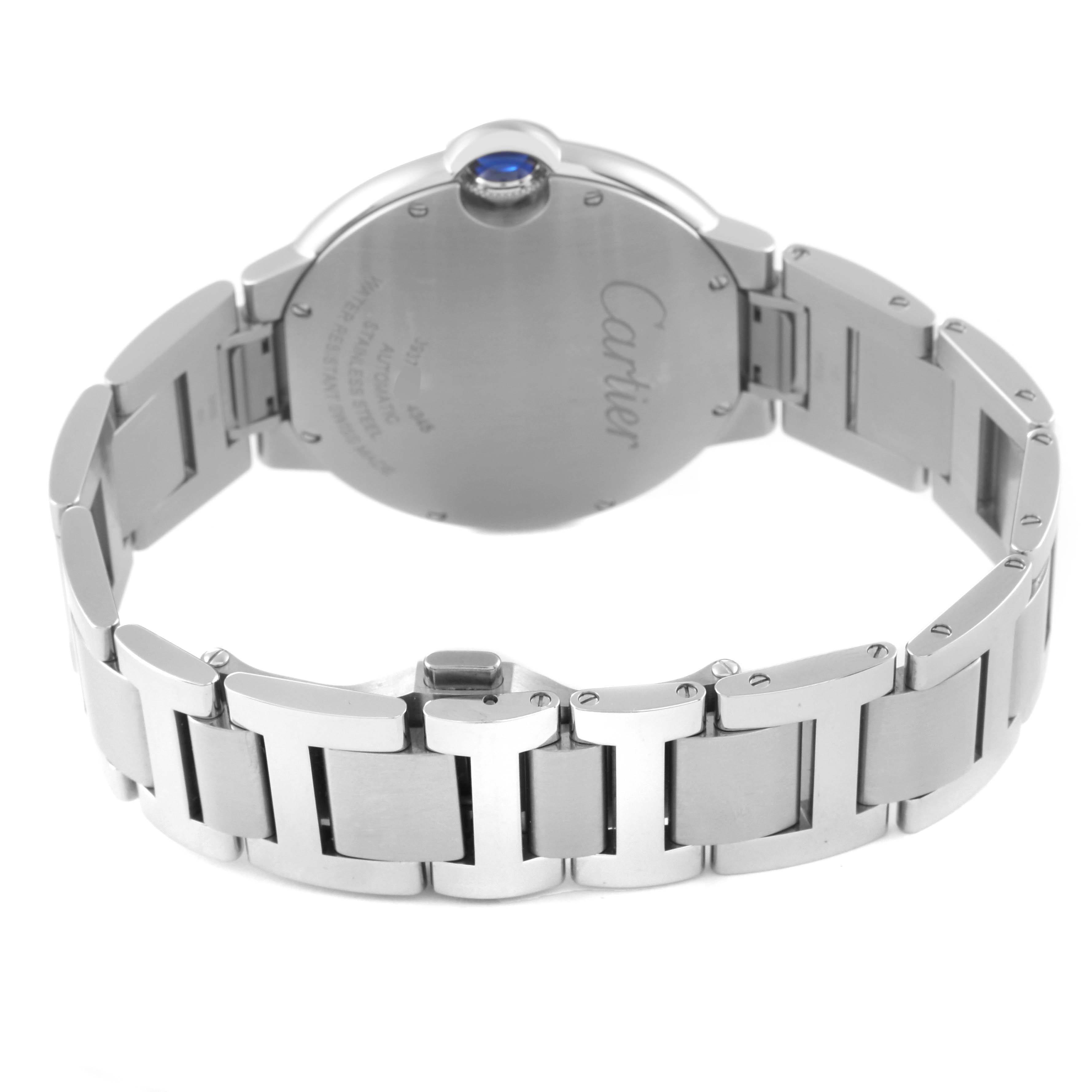 The image shows the back and bracelet of a Cartier Ballon Bleu WSBB0060 Men's Stainless Steel Grey Dial WSBB0060 Men's Stainless Steel Grey Dial watch, highlighting the clasp and case back details.