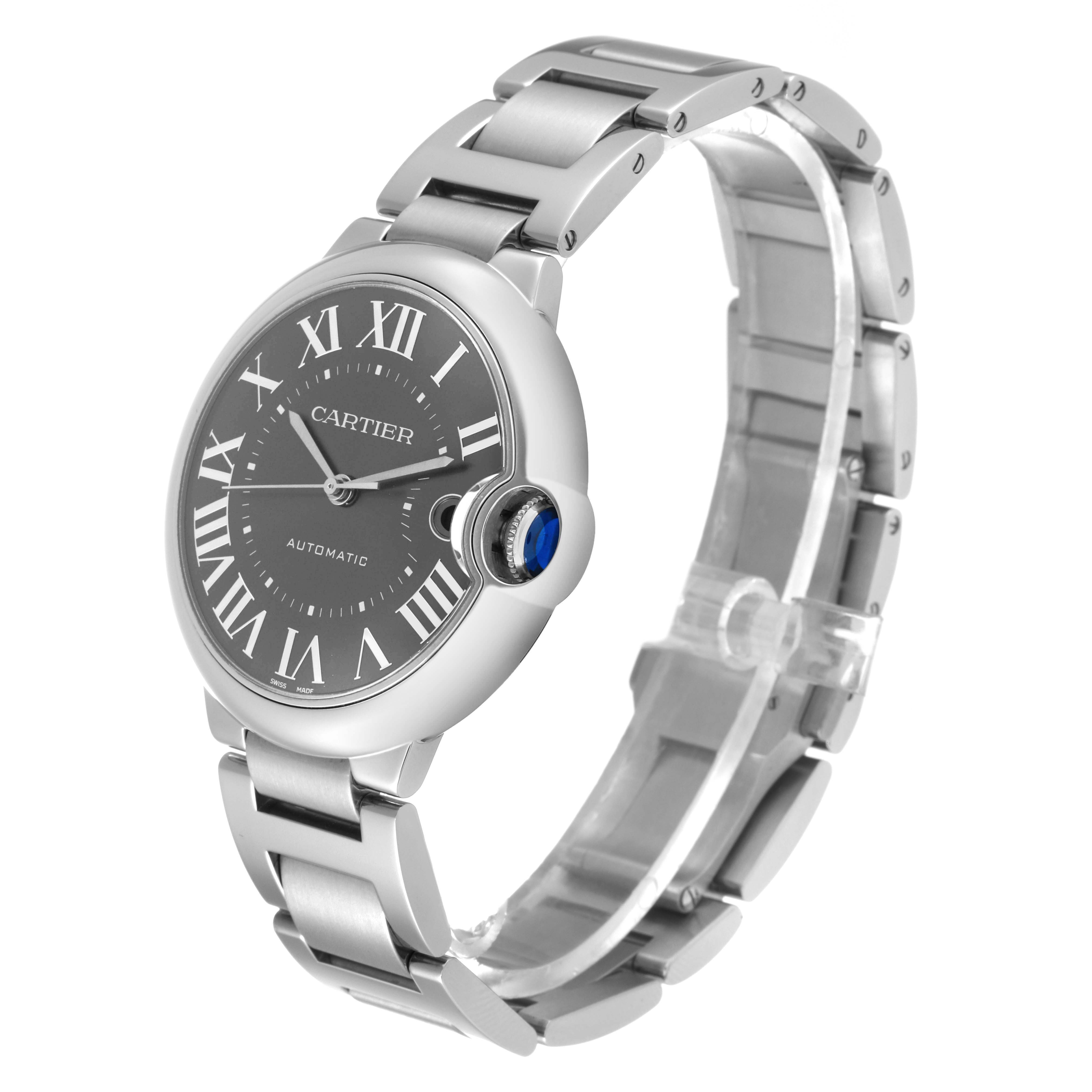 The Cartier Ballon Bleu WSBB0060 Men's Stainless Steel Grey Dial WSBB0060 Men's Stainless Steel Grey Dial watch is shown at a three-quarter angle, displaying the face, crown, and part of the bracelet.