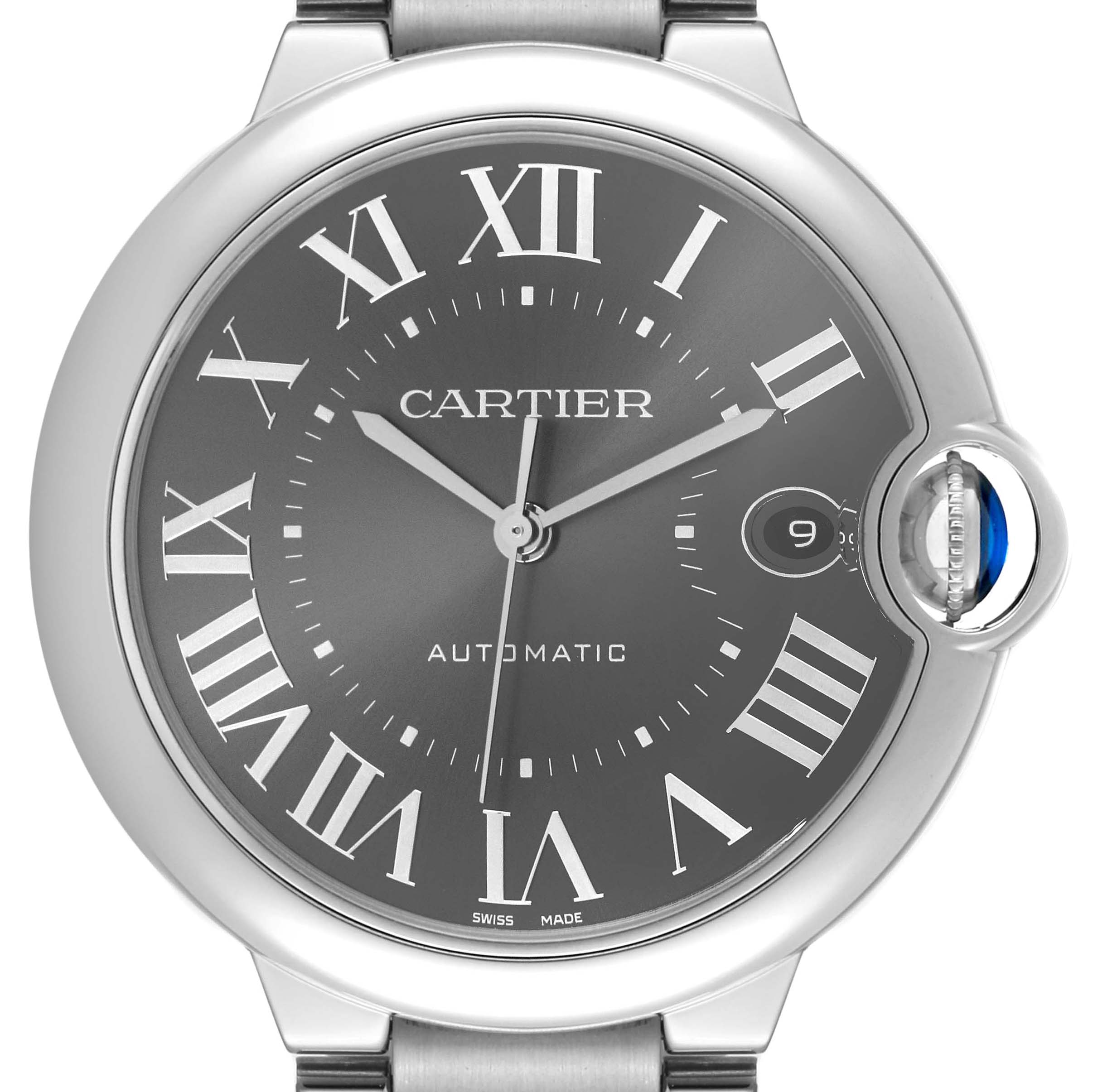 The Cartier Ballon Bleu WSBB0060 Men's Stainless Steel Grey Dial WSBB0060 Men's Stainless Steel Grey Dial watch is shown from the front, highlighting its face with Roman numerals and blue sapphire crown.
