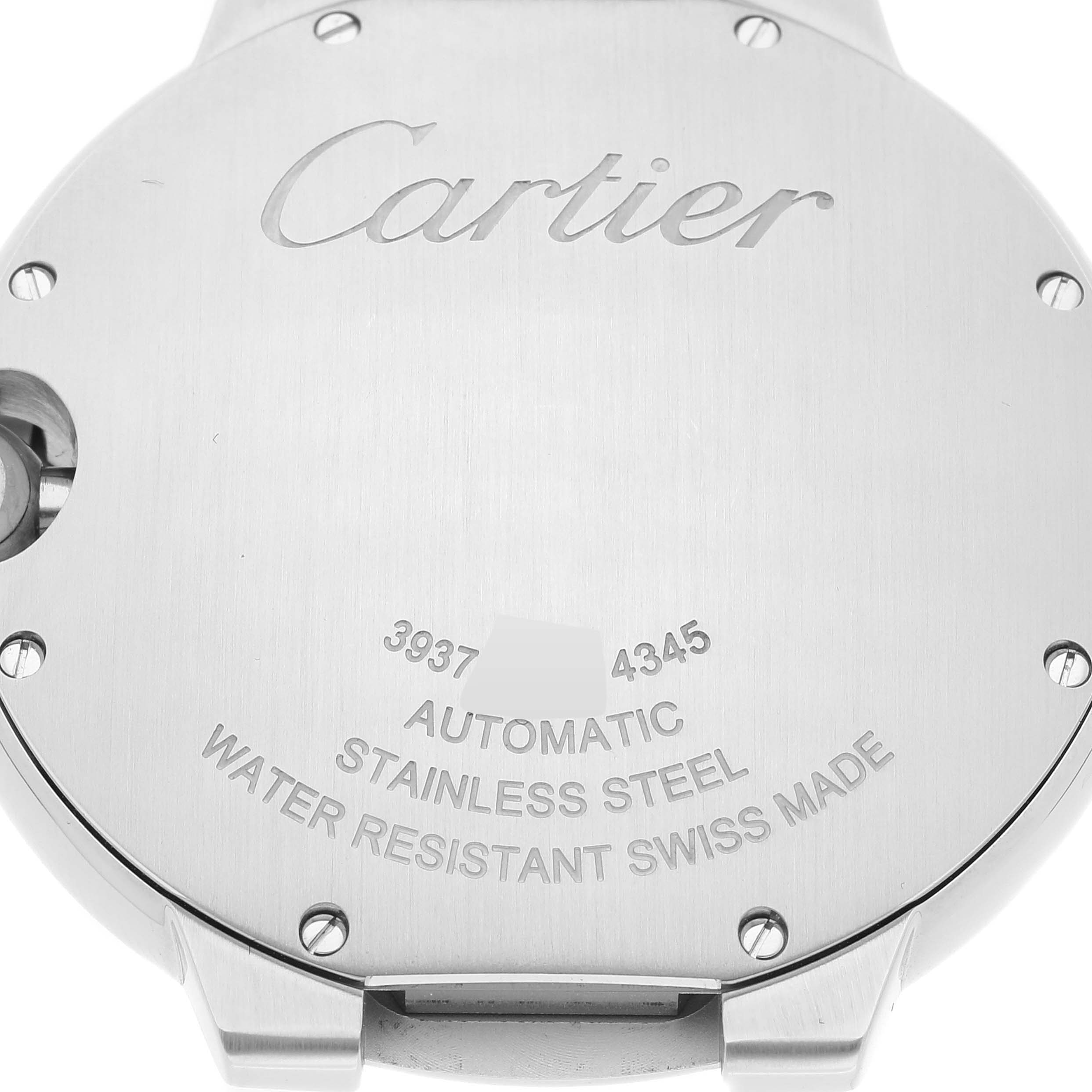 This is a close-up view of the back case of the Cartier Ballon Bleu WSBB0060 Men's Stainless Steel Grey Dial WSBB0060 Men's Stainless Steel Grey Dial watch displaying its engraved details.