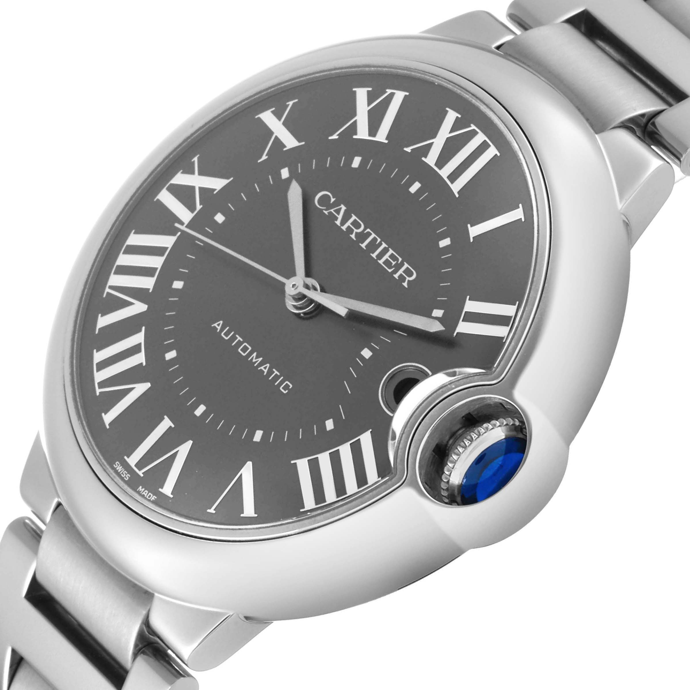 The Cartier Ballon Bleu WSBB0060 Men's Stainless Steel Grey Dial WSBB0060 Men's Stainless Steel Grey Dial watch is shown from a side angle highlighting the face, crown, and part of the bracelet.