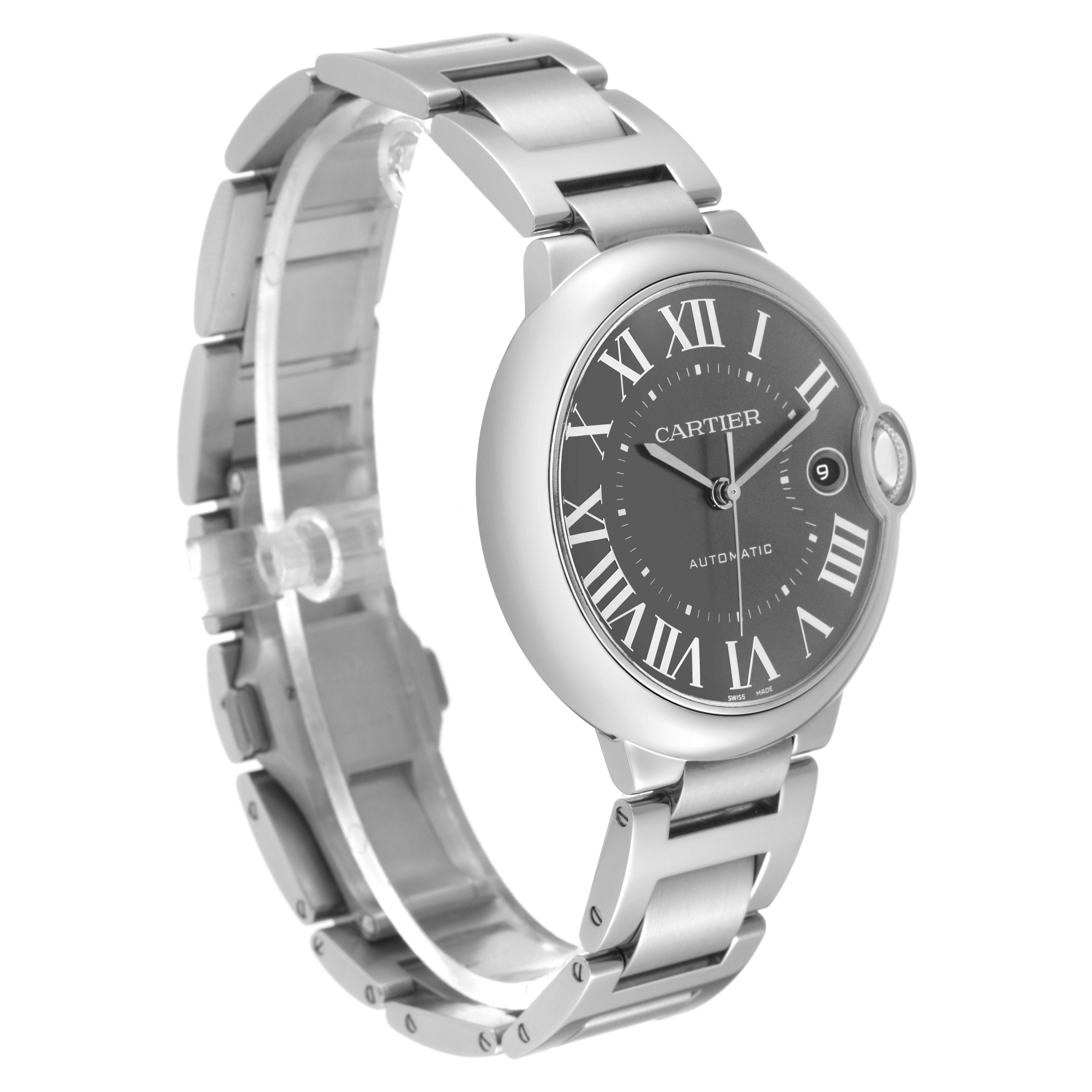 The Cartier Ballon Bleu WSBB0060 Men's Stainless Steel Grey Dial WSBB0060 Men's Stainless Steel Grey Dial watch is shown at a three-quarter angle, displaying its face, bracelet, and unique case design.