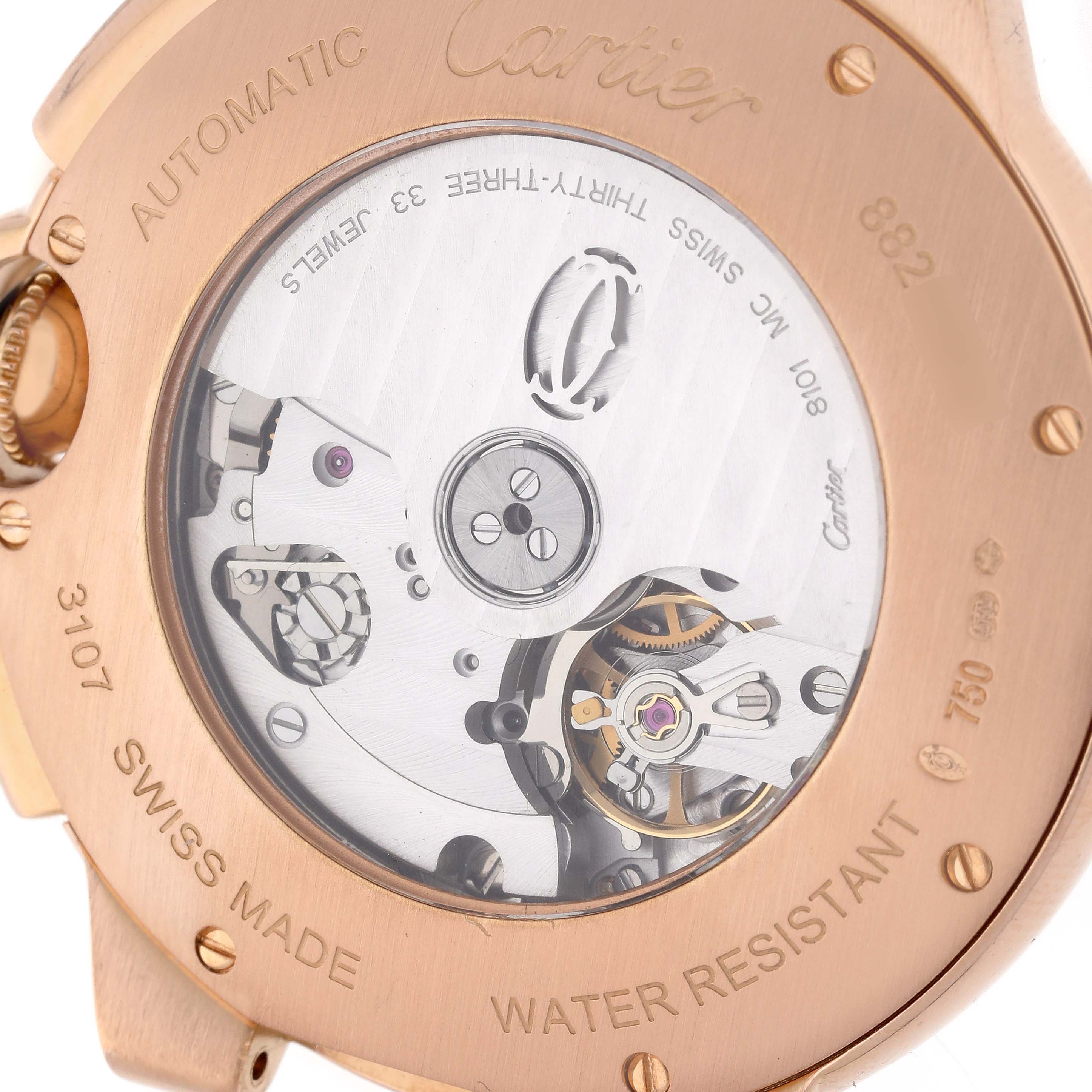 The image shows the back of the Cartier Ballon Bleu W6920010 Men's Rose Gold Silver Dial watch, displaying the automatic movement and engraving details.