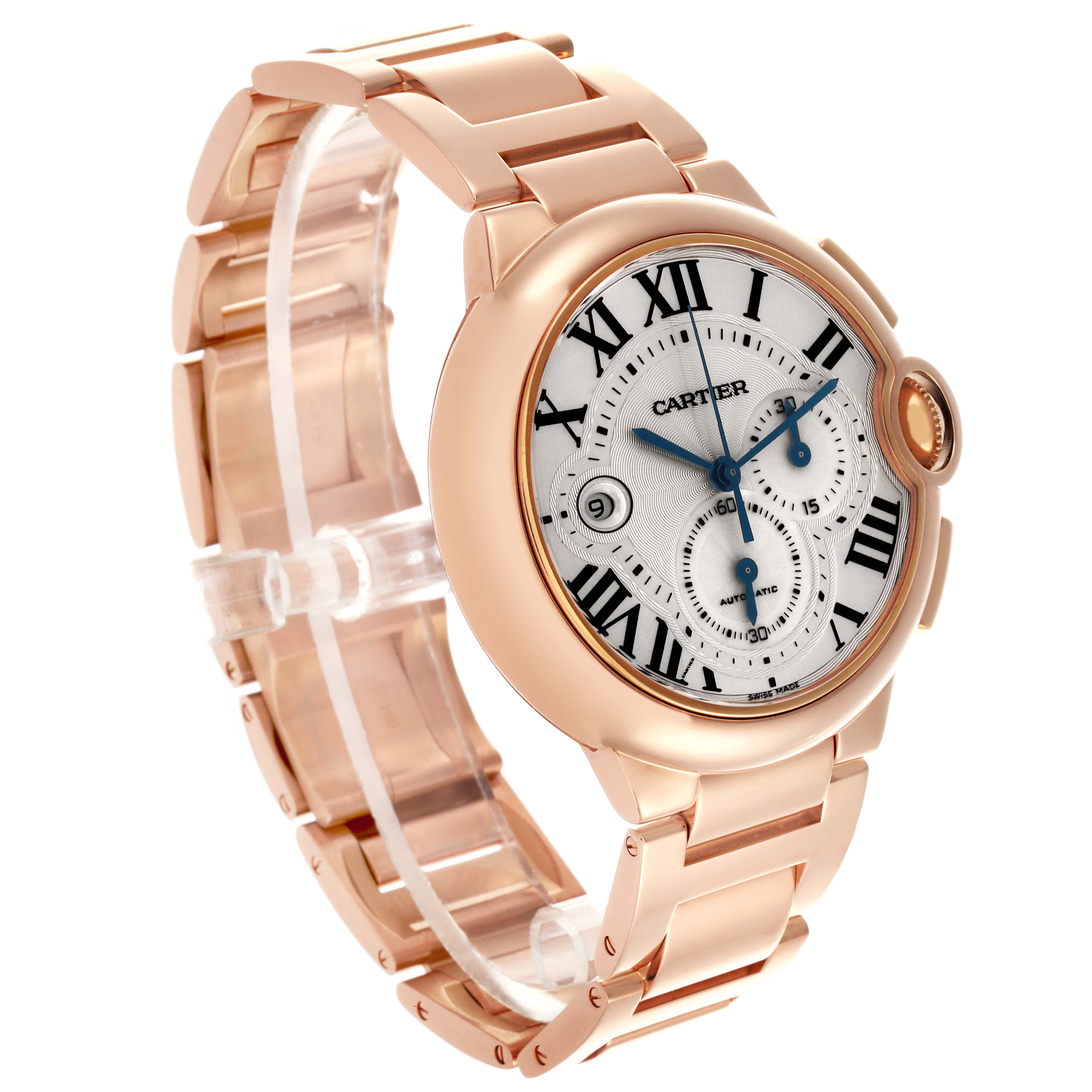 The Cartier Ballon Bleu W6920010 Men's Rose Gold Silver Dial watch is shown at a three-quarter angle, highlighting the face, bezel, and bracelet links.