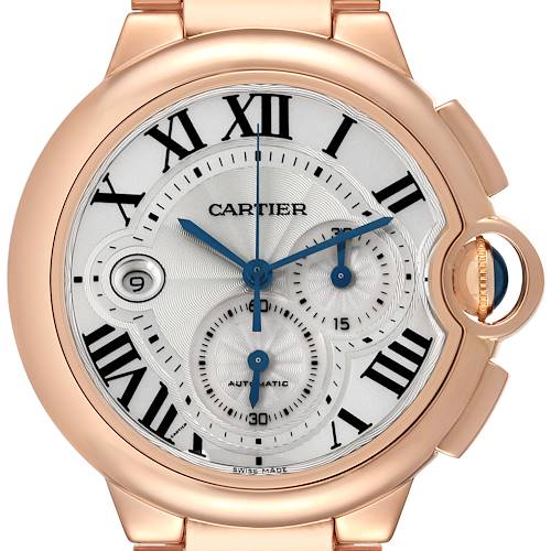 The Cartier Ballon Bleu W6920010 Men's Rose Gold Silver Dial watch is shown from a front angle, highlighting its dial, Roman numerals, and signature crown.