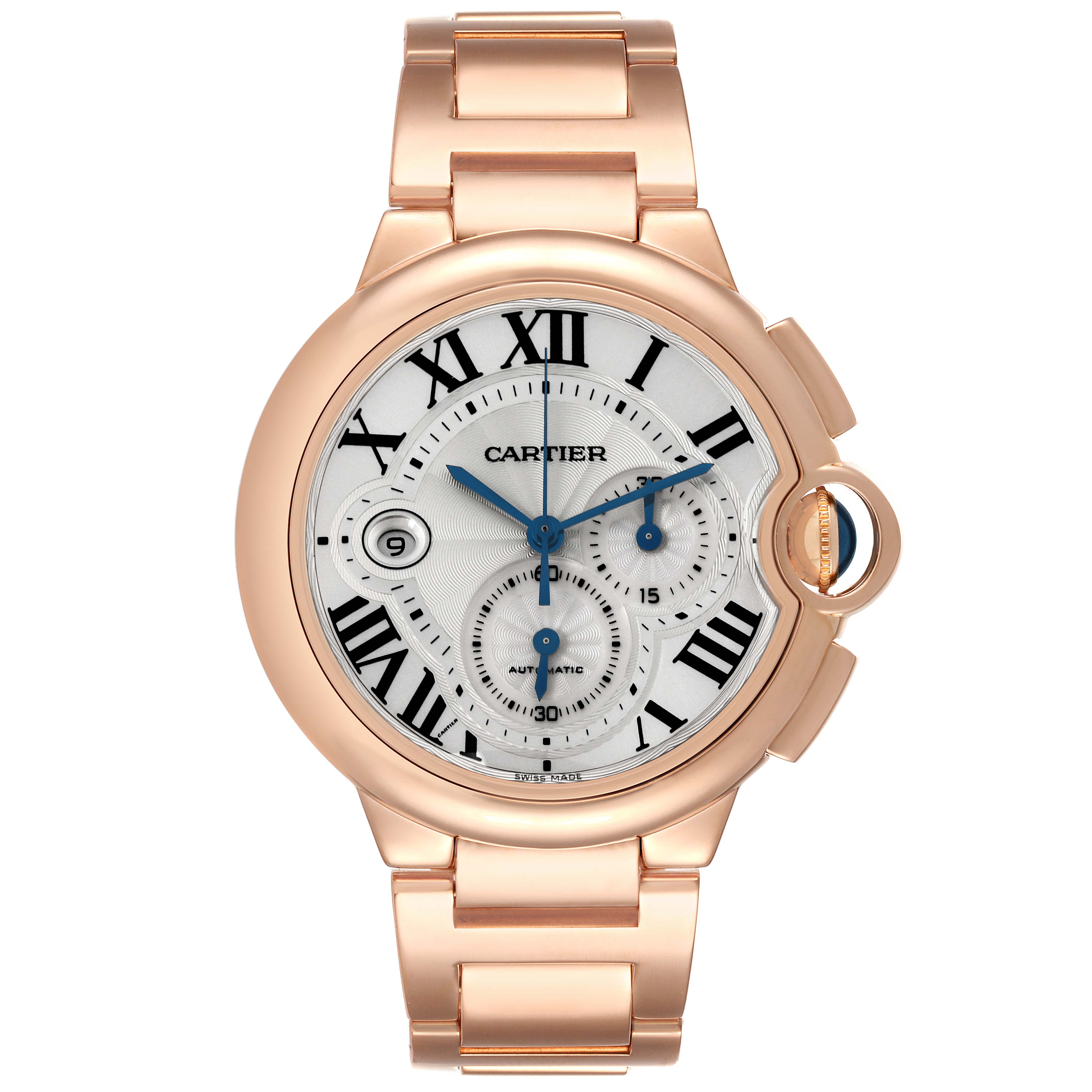 The Cartier Ballon Bleu W6920010 Men's Rose Gold Silver Dial watch is shown from the front, highlighting its round dial, Roman numerals, and metal bracelet.
