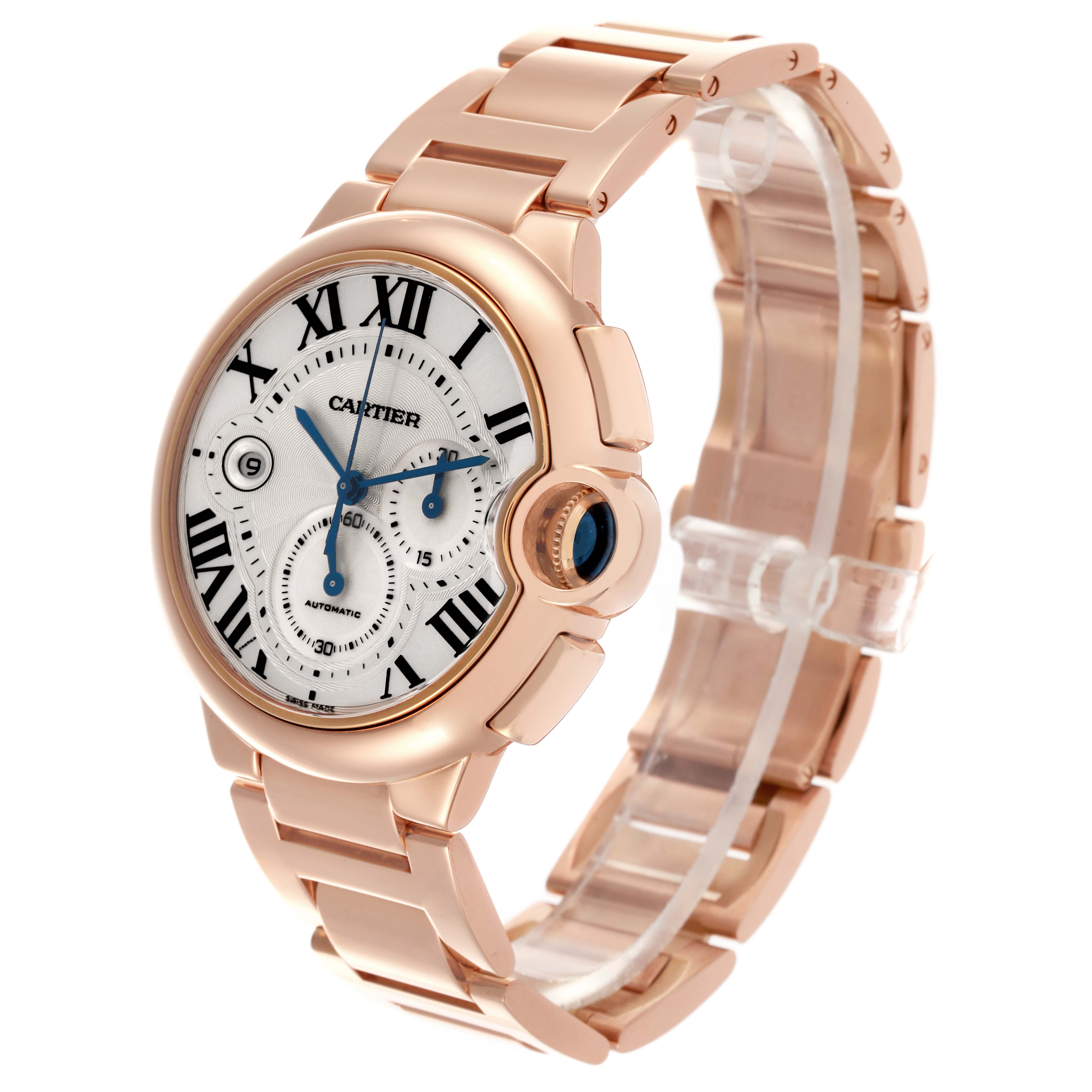The Cartier Ballon Bleu W6920010 Men's Rose Gold Silver Dial watch is shown at a slight angle, displaying the face, crown, and part of the bracelet.