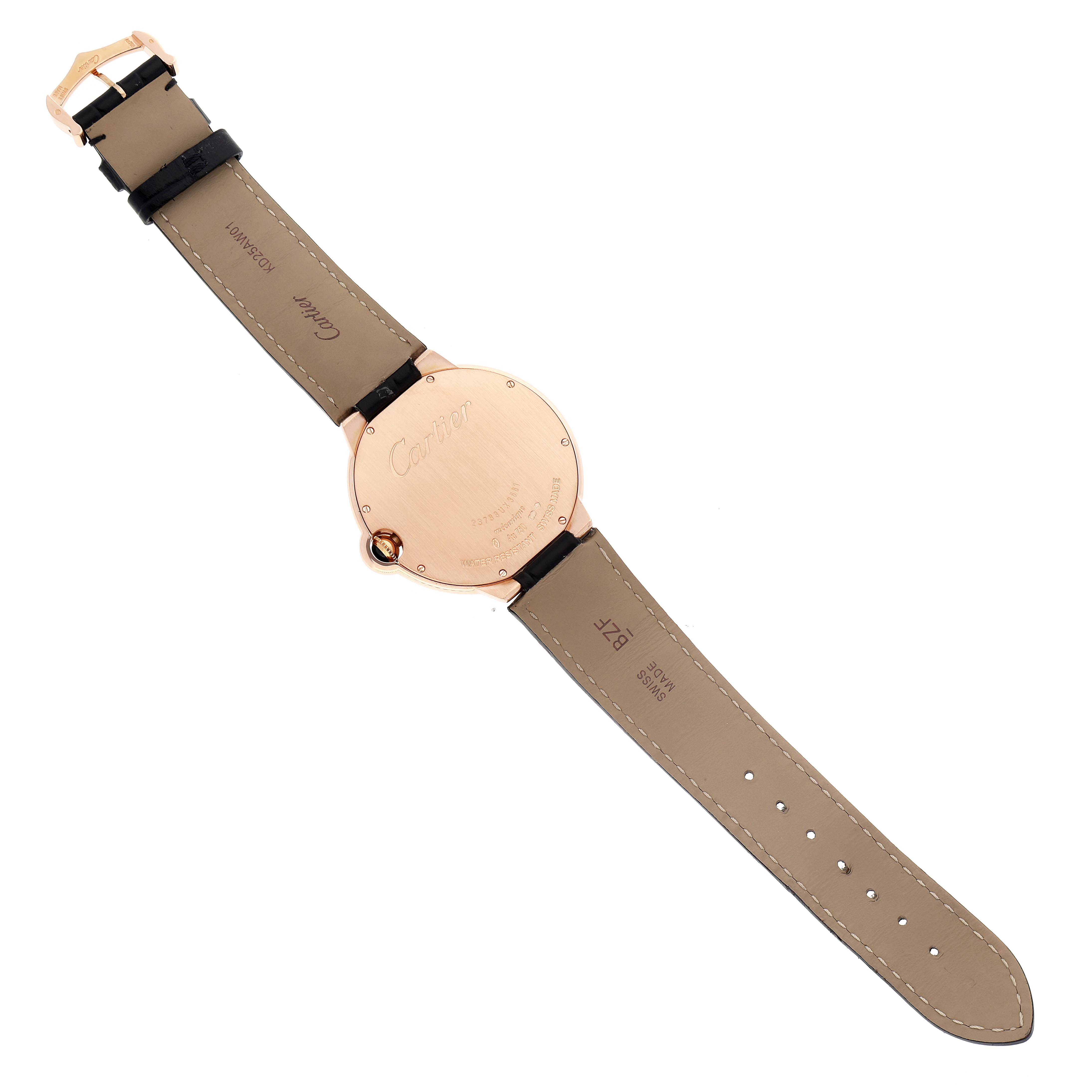 The image shows the back view of a Cartier Ballon Bleu W6920089 Men's Rose Gold Grey Dial W6920089 Men's Rose Gold Grey Dial watch, displaying the case back and strap.