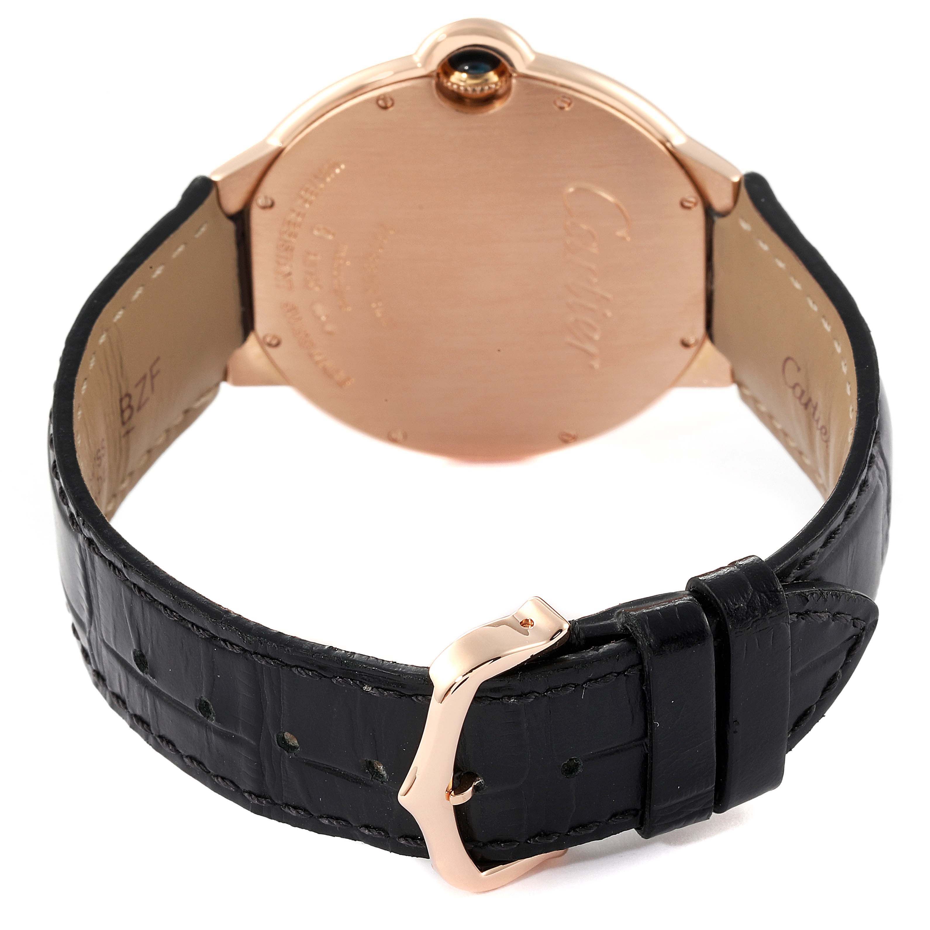 This image shows the back and strap of a Ballon Bleu model watch by Cartier, focusing on the clasp and case back detail.