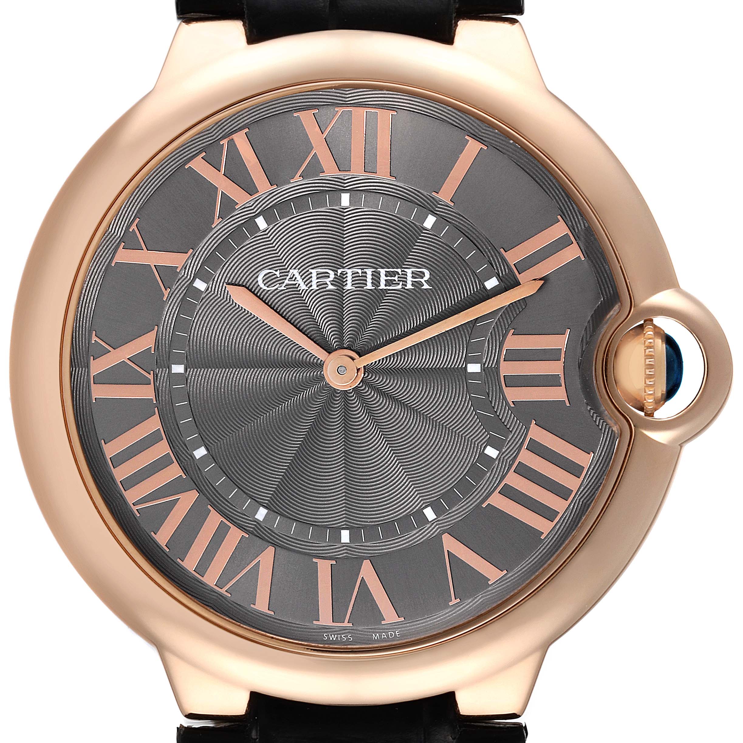 This image shows a close-up view of the face and dial of a Cartier Ballon Bleu W6920089 Men's Rose Gold Grey Dial W6920089 Men's Rose Gold Grey Dial watch.