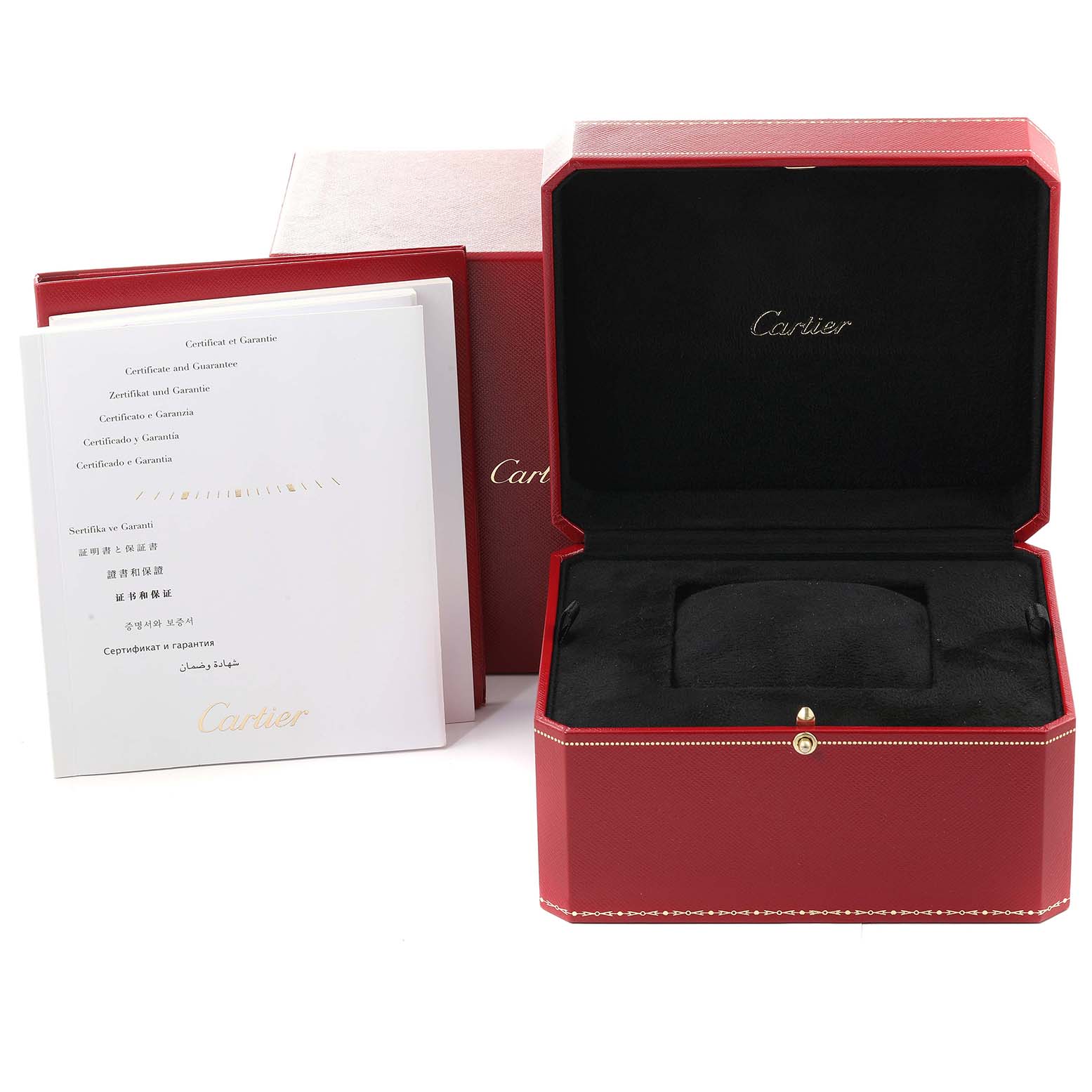 The image shows the packaging and warranty cards of a Cartier Ballon Bleu W6920089 Men's Rose Gold Grey Dial W6920089 Men's Rose Gold Grey Dial watch, featuring a red watch box and white documents.