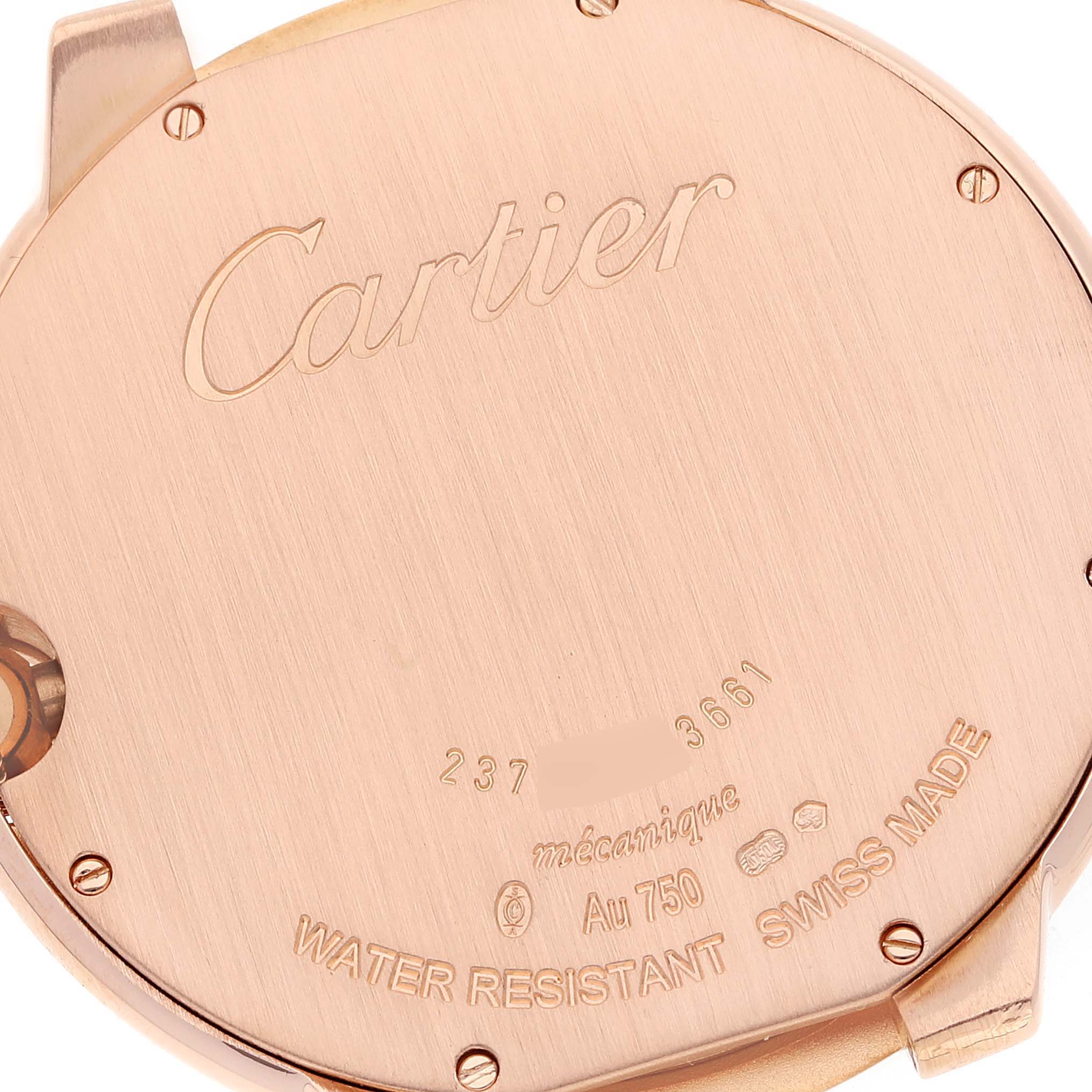 This is a close-up image showing the back casing of the Cartier Ballon Bleu W6920089 Men's Rose Gold Grey Dial W6920089 Men's Rose Gold Grey Dial watch.