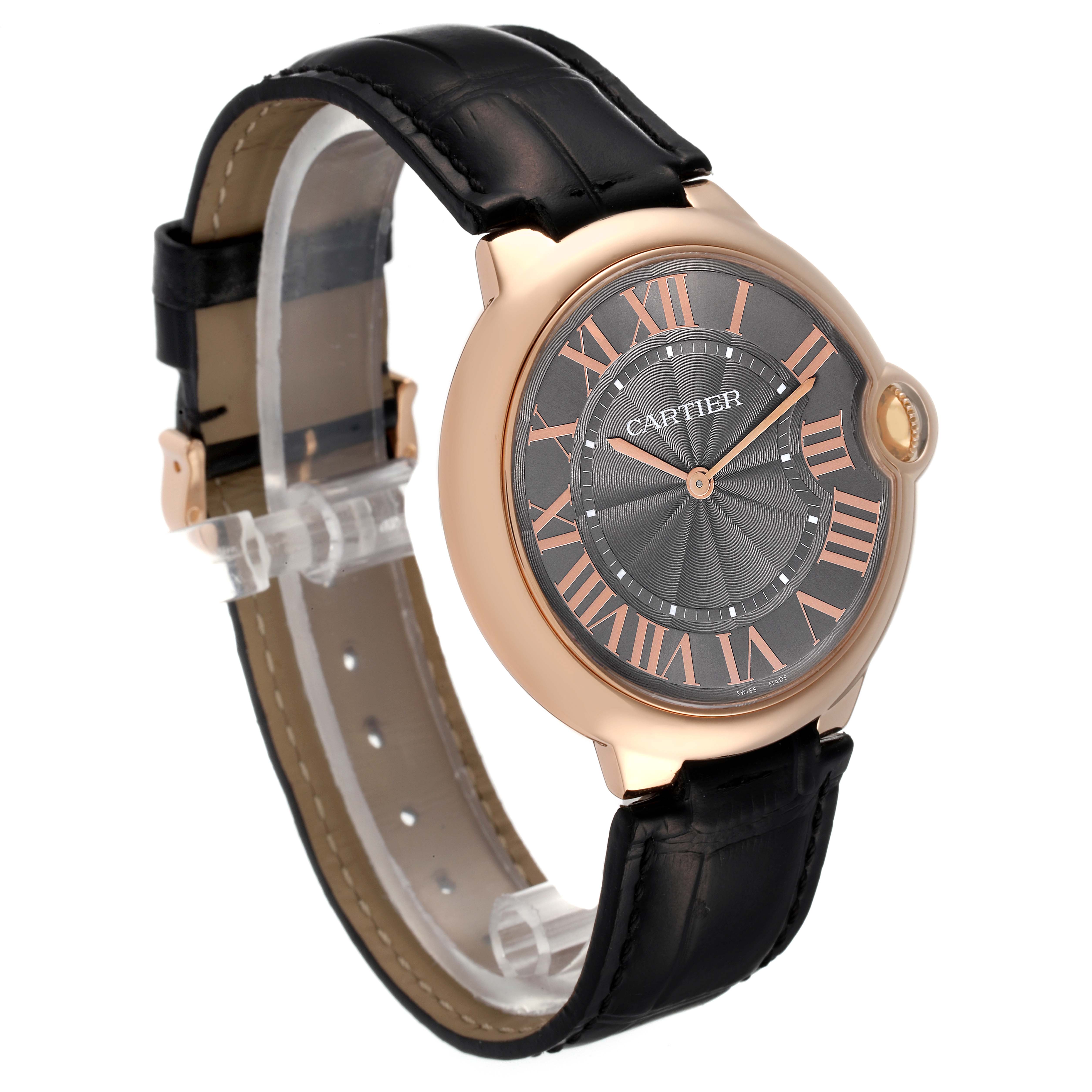 The image shows the Cartier Ballon Bleu W6920089 Men's Rose Gold Grey Dial W6920089 Men's Rose Gold Grey Dial watch at a three-quarter angle, highlighting its dial, bezel, crown, and leather strap.