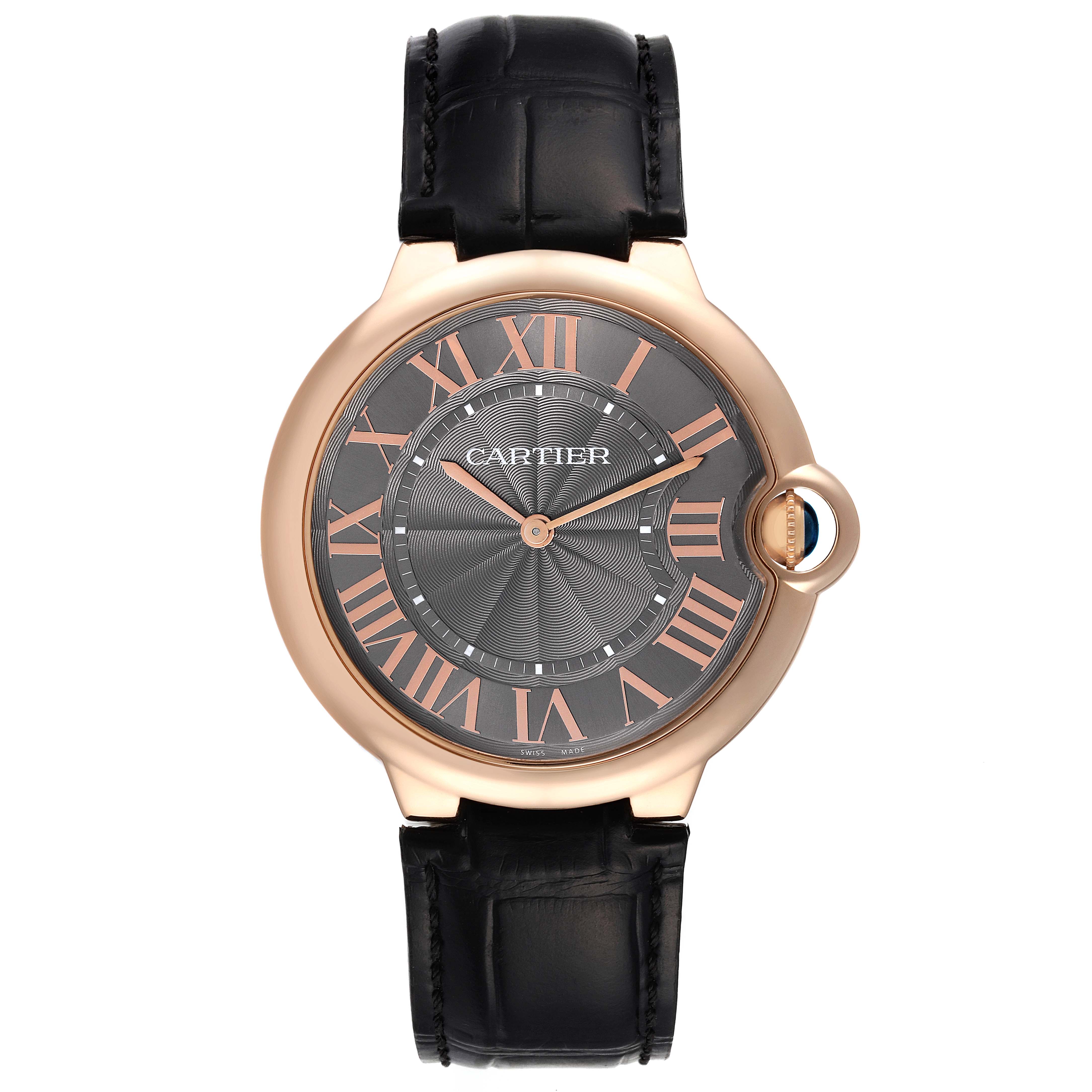 The image shows a front view of the Ballon Bleu model by Cartier, featuring its face, bezel, and leather strap.