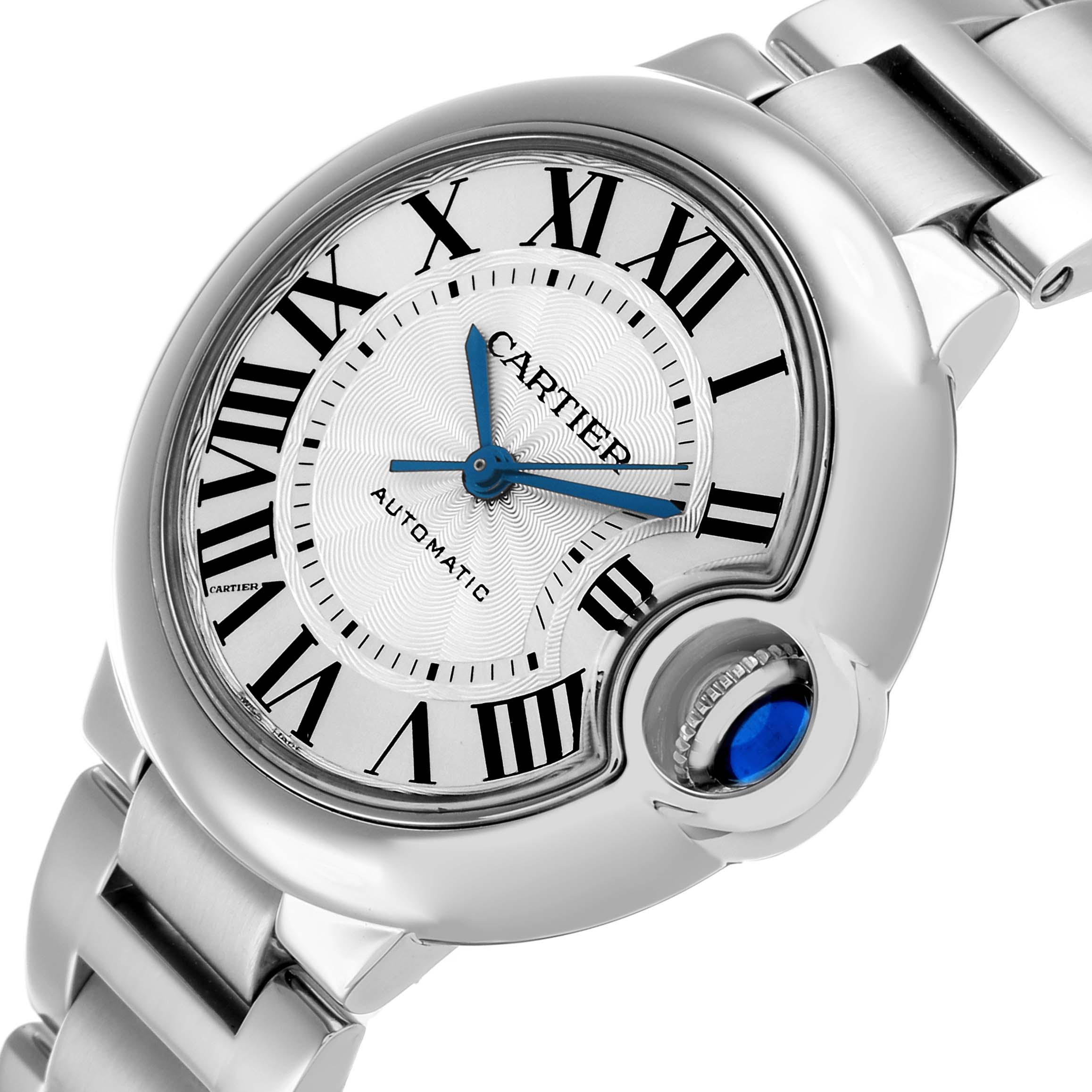The Cartier Ballon Bleu W6920071 Women's Stainless Steel Silver Dial watch is shown at an angled view, highlighting the face, Roman numerals, and distinctive crown with a blue cabochon.