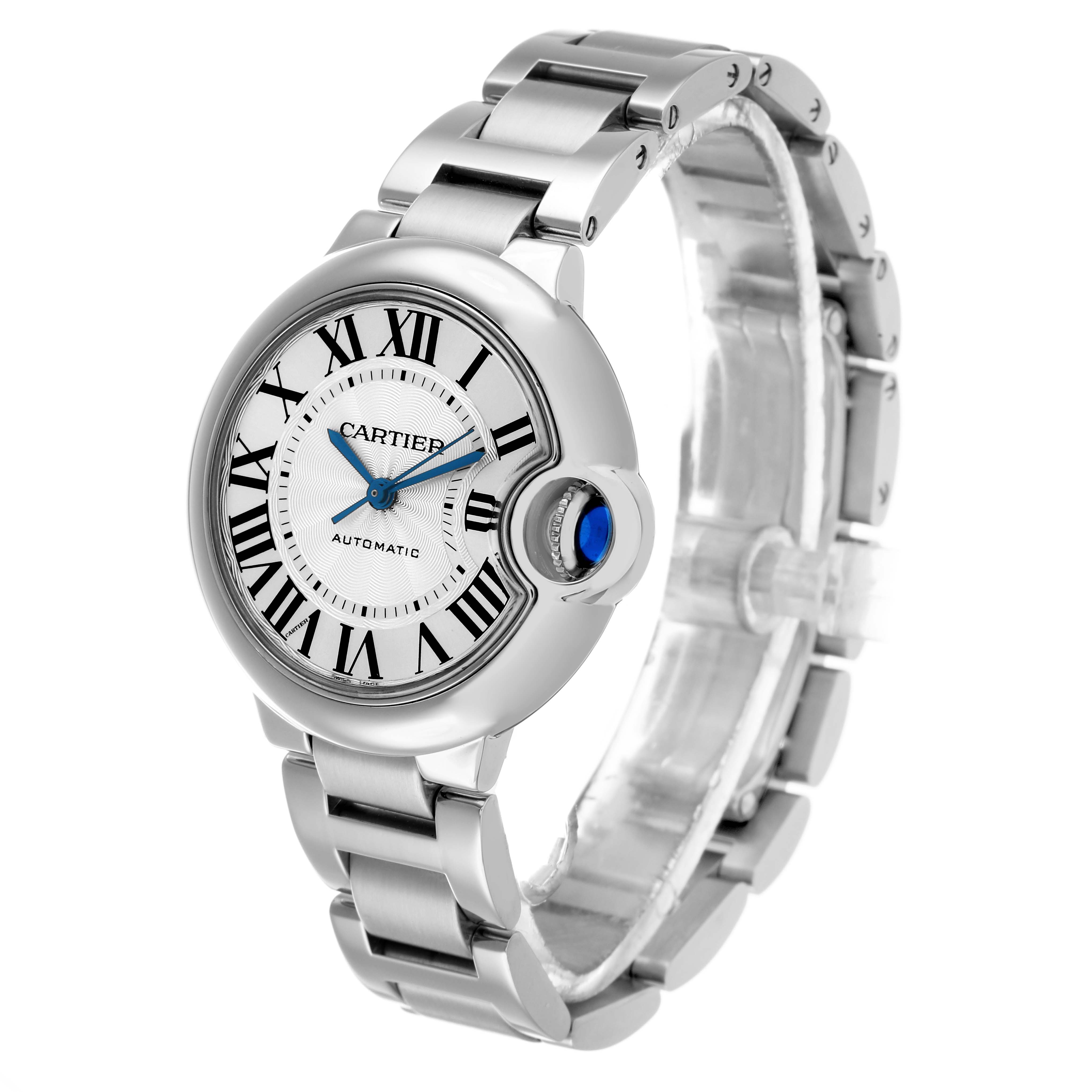 The Cartier Ballon Bleu W6920071 Women's Stainless Steel Silver Dial watch is shown at a three-quarter angle, highlighting its face, Roman numerals, and metal bracelet.