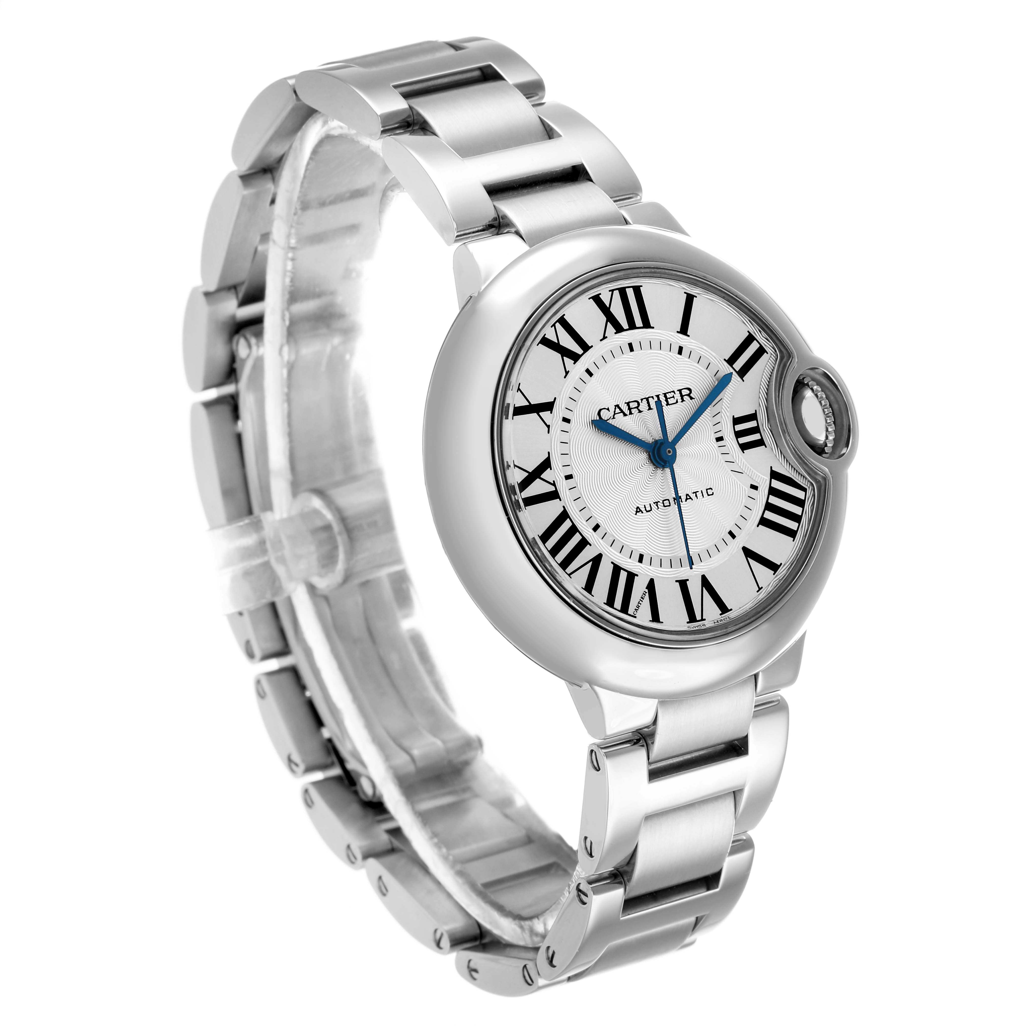 The Cartier Ballon Bleu W6920071 Women's Stainless Steel Silver Dial watch is shown at a three-quarter angle, displaying the face, bracelet, and crown.