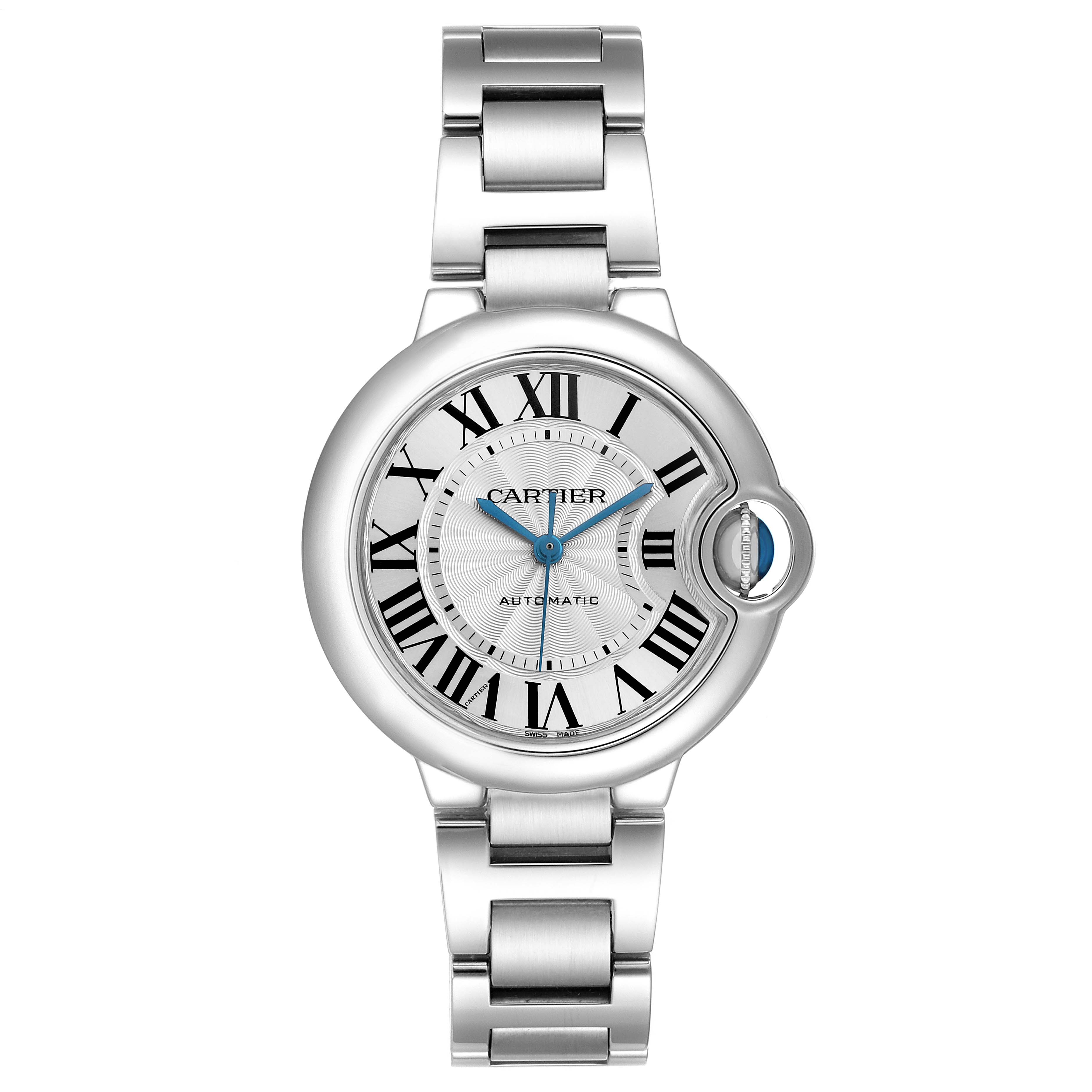 The Cartier Ballon Bleu W6920071 Women's Stainless Steel Silver Dial watch is shown from the front, displaying the face, bracelet, and crown detail.