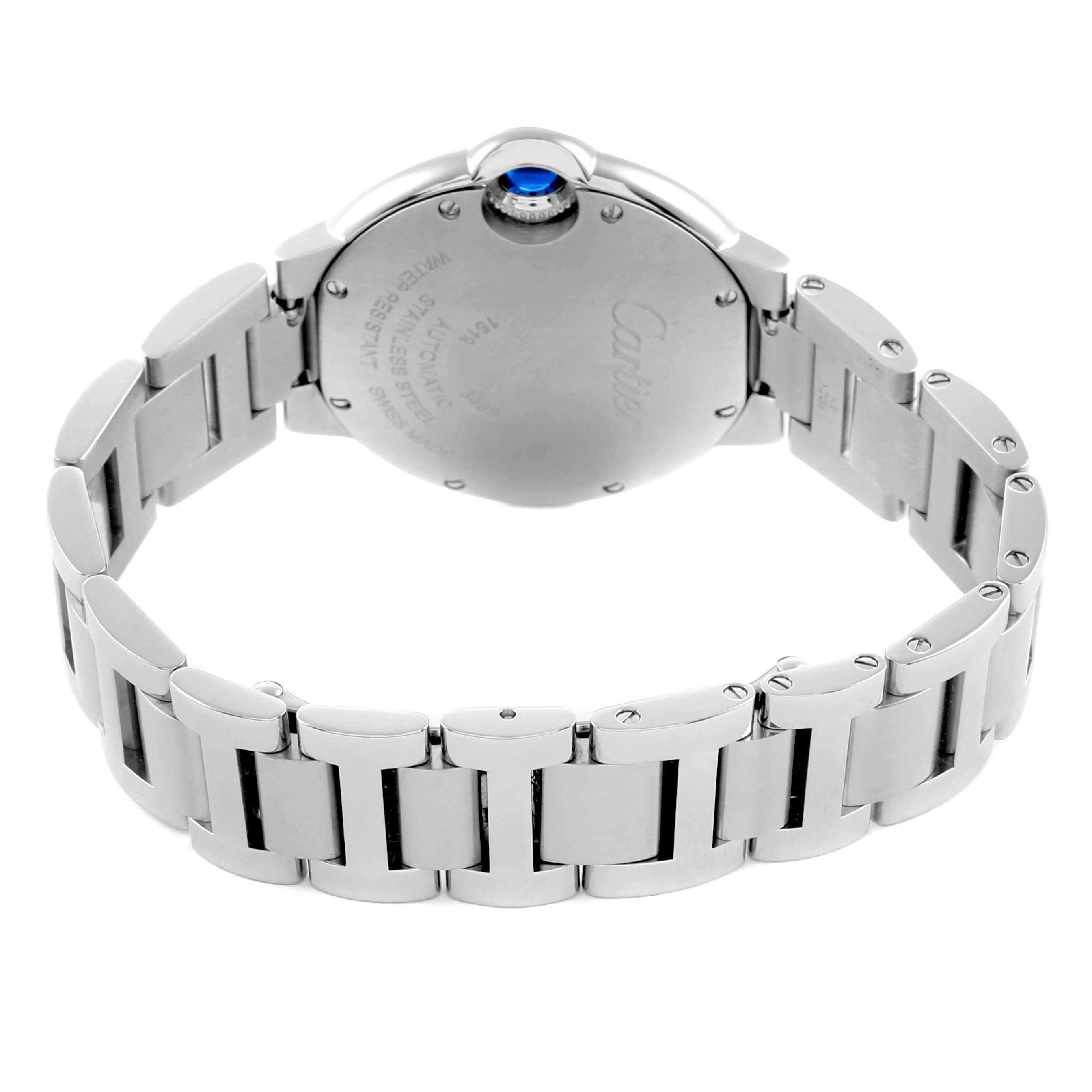 This image shows the back case and bracelet of a Cartier Ballon Bleu W6920071 Women's Stainless Steel Silver Dial watch, highlighting the crown and stainless steel links.