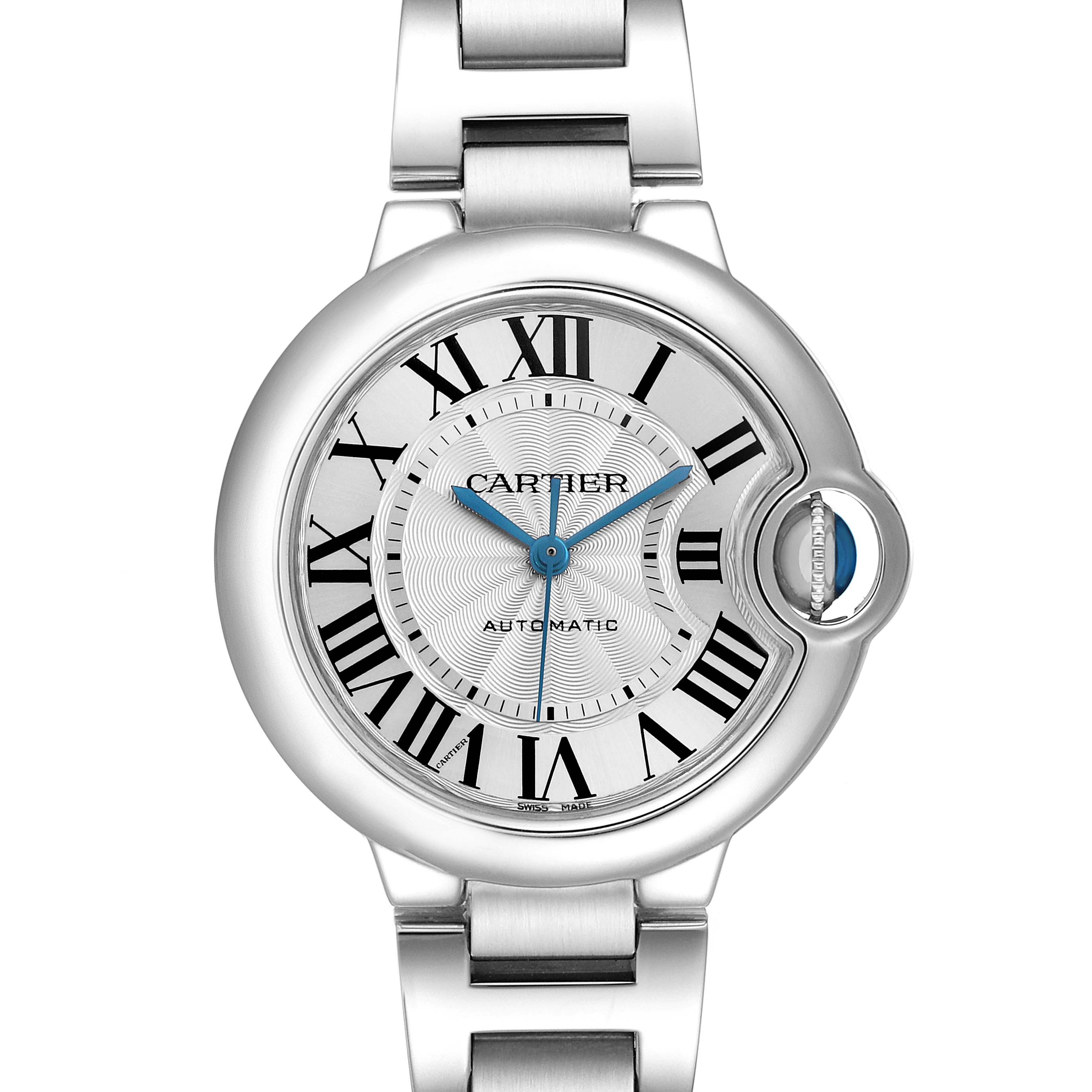 The Cartier Ballon Bleu W6920071 Women's Stainless Steel Silver Dial watch is shown from the front, highlighting its dial, Roman numerals, and signature crown.