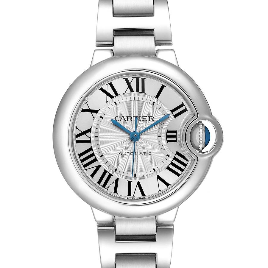 The Cartier Ballon Bleu W6920071 Women's Stainless Steel Silver Dial watch is shown from the front, highlighting its dial, Roman numerals, and signature crown.