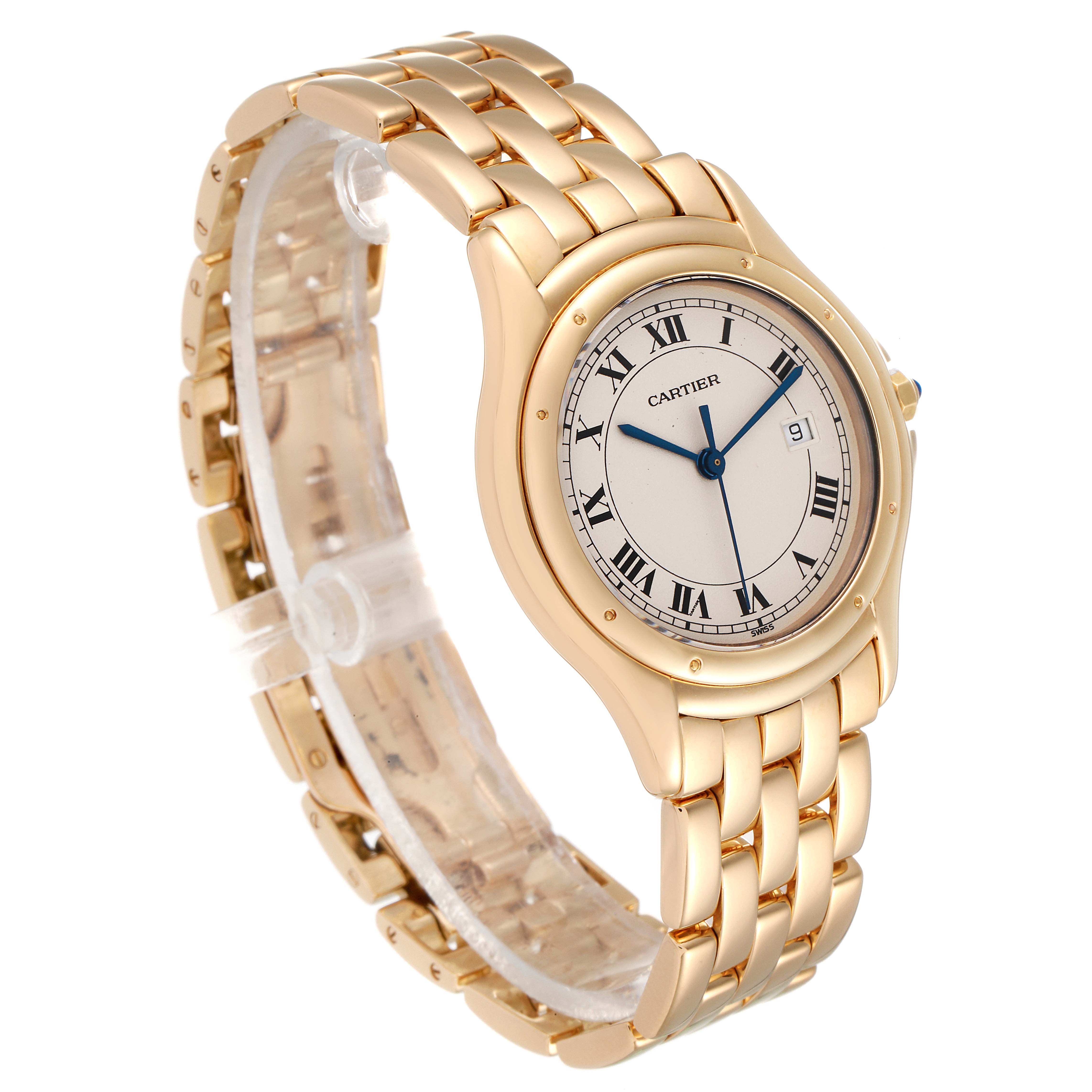 The image shows a side angle of a Cartier Panthere 887904 Men's Yellow Gold Silver Dial 887904 Men's Yellow Gold Silver Dial watch, highlighting its gold bracelet, round dial, and Roman numeral design.