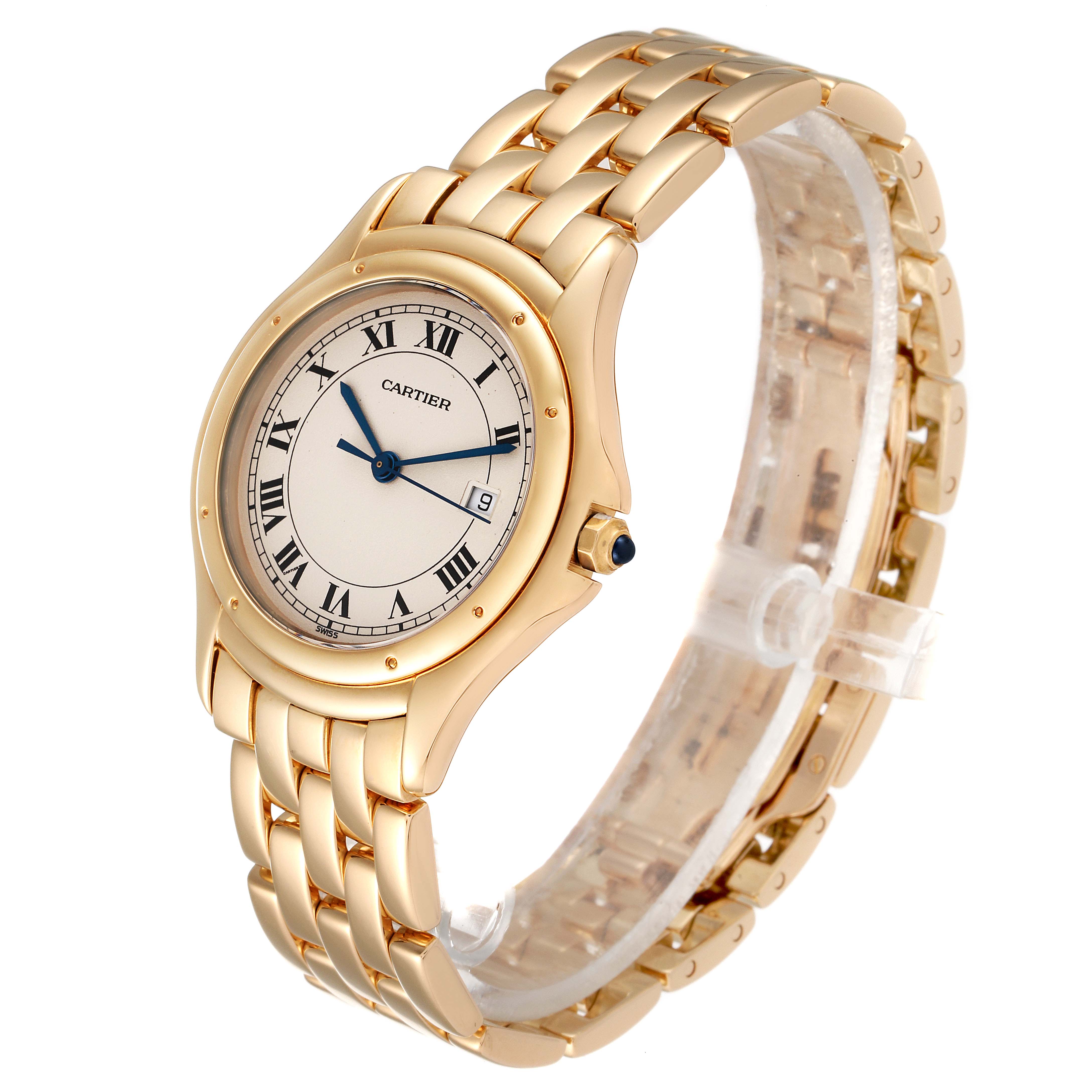 The image shows a Cartier Panthere 887904 Men's Yellow Gold Silver Dial 887904 Men's Yellow Gold Silver Dial model watch at a slight angle, highlighting its gold case, bracelet, and dial with Roman numerals.