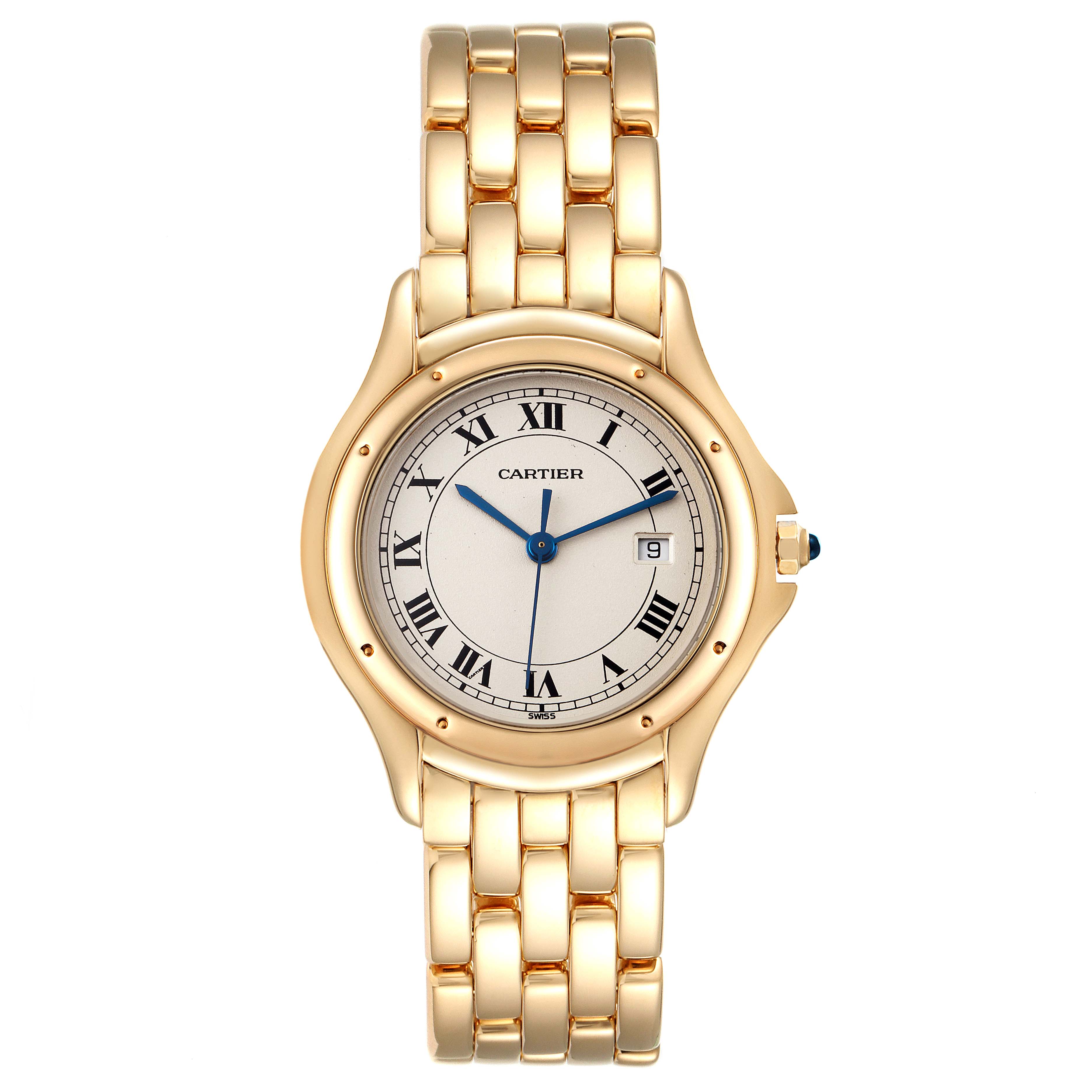 The image shows a front view of the Cartier Panthere 887904 Men's Yellow Gold Silver Dial 887904 Men's Yellow Gold Silver Dial watch, highlighting its dial, bracelet, and crown.