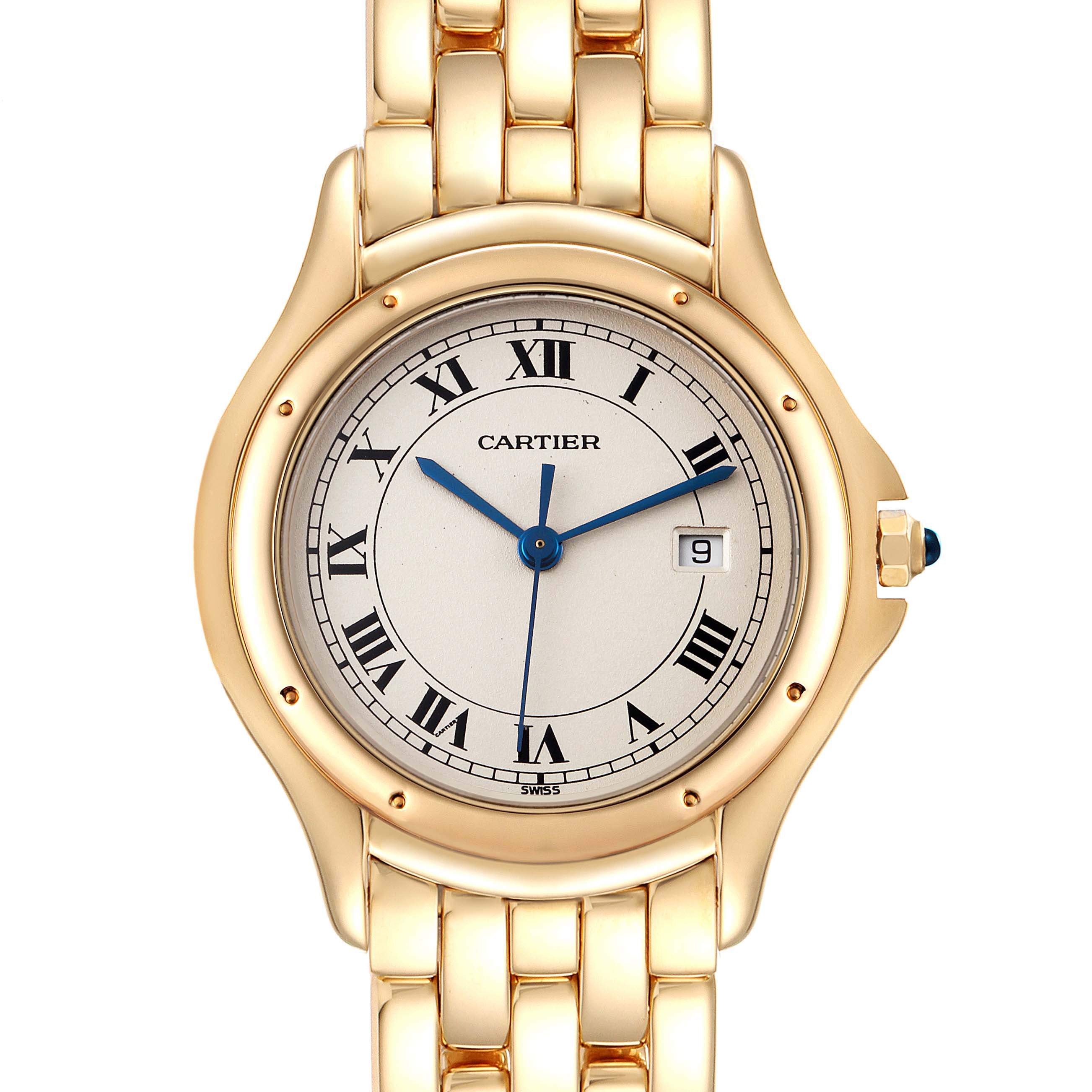 This image shows a front view of the Cartier Panthère model watch, highlighting its band, face, and crown.