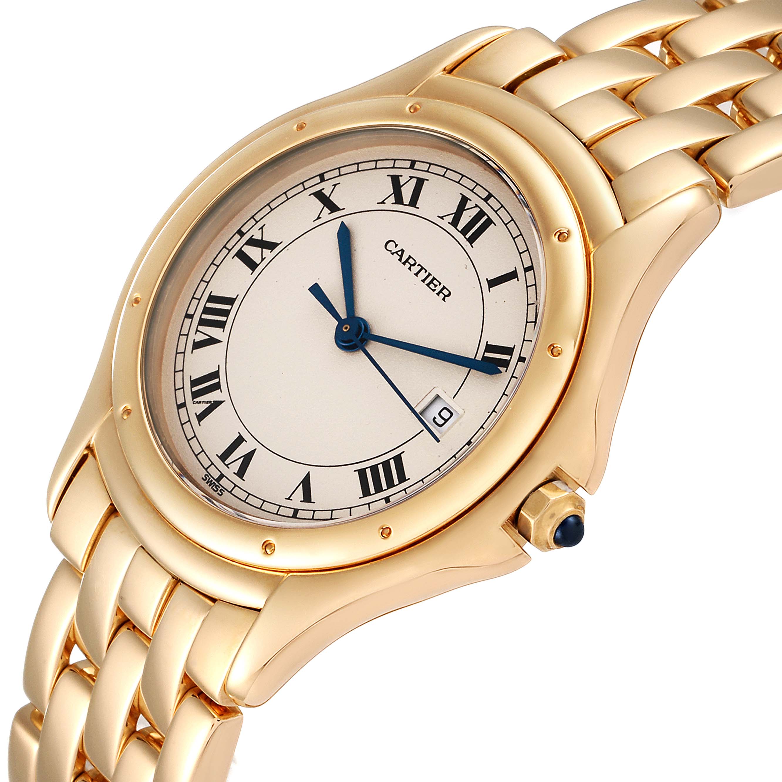The image shows a close-up of the Cartier Panthere 887904 Men's Yellow Gold Silver Dial 887904 Men's Yellow Gold Silver Dial watch, highlighting its gold bracelet, bezel, dial, and crown.