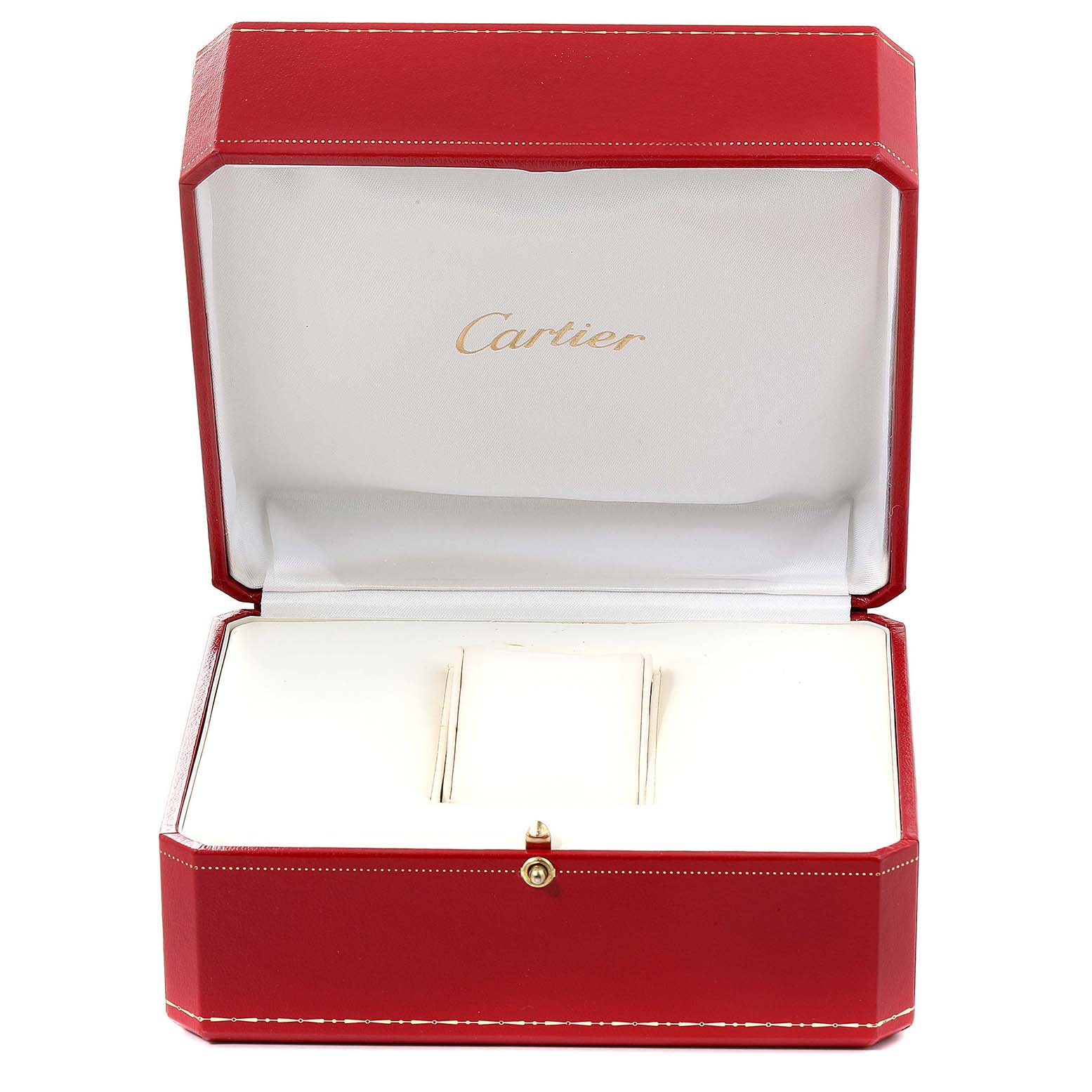 The image shows the open red display box of the Cartier Panthere 887904 Men's Yellow Gold Silver Dial 887904 Men's Yellow Gold Silver Dial model watch, revealing the cushioned interior.
