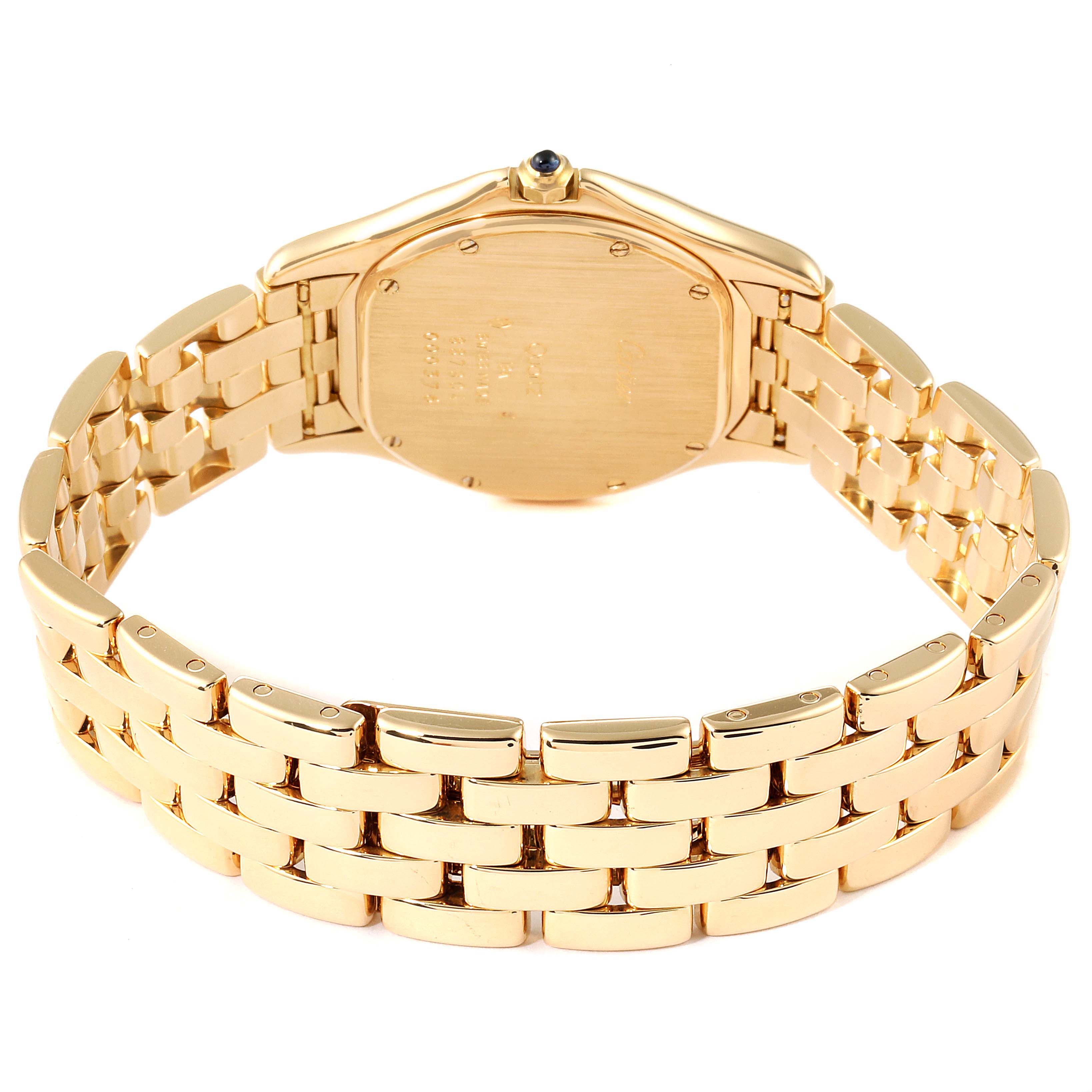 The image shows the back view of a gold Panthère model by Cartier, highlighting the bracelet and case back.