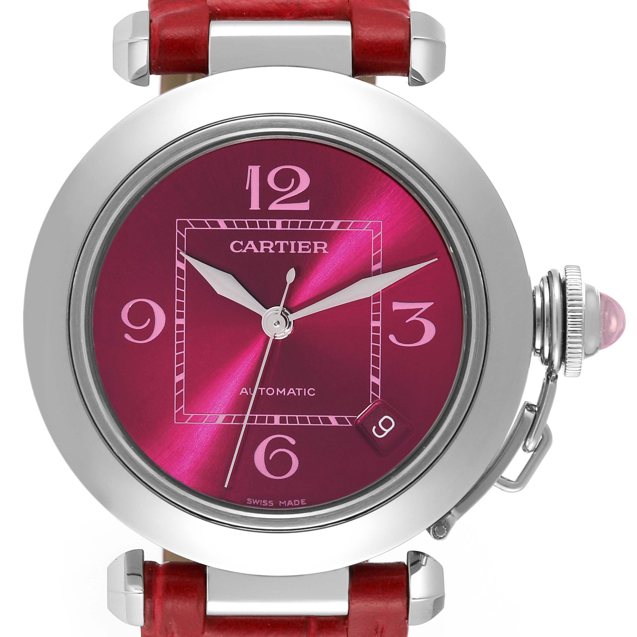 The image shows a Cartier Pasha W3108299 Women's Stainless Steel Pink Dial W3108299 Women's Stainless Steel Pink Dial watch from a front angle, highlighting its red dial and red leather strap.