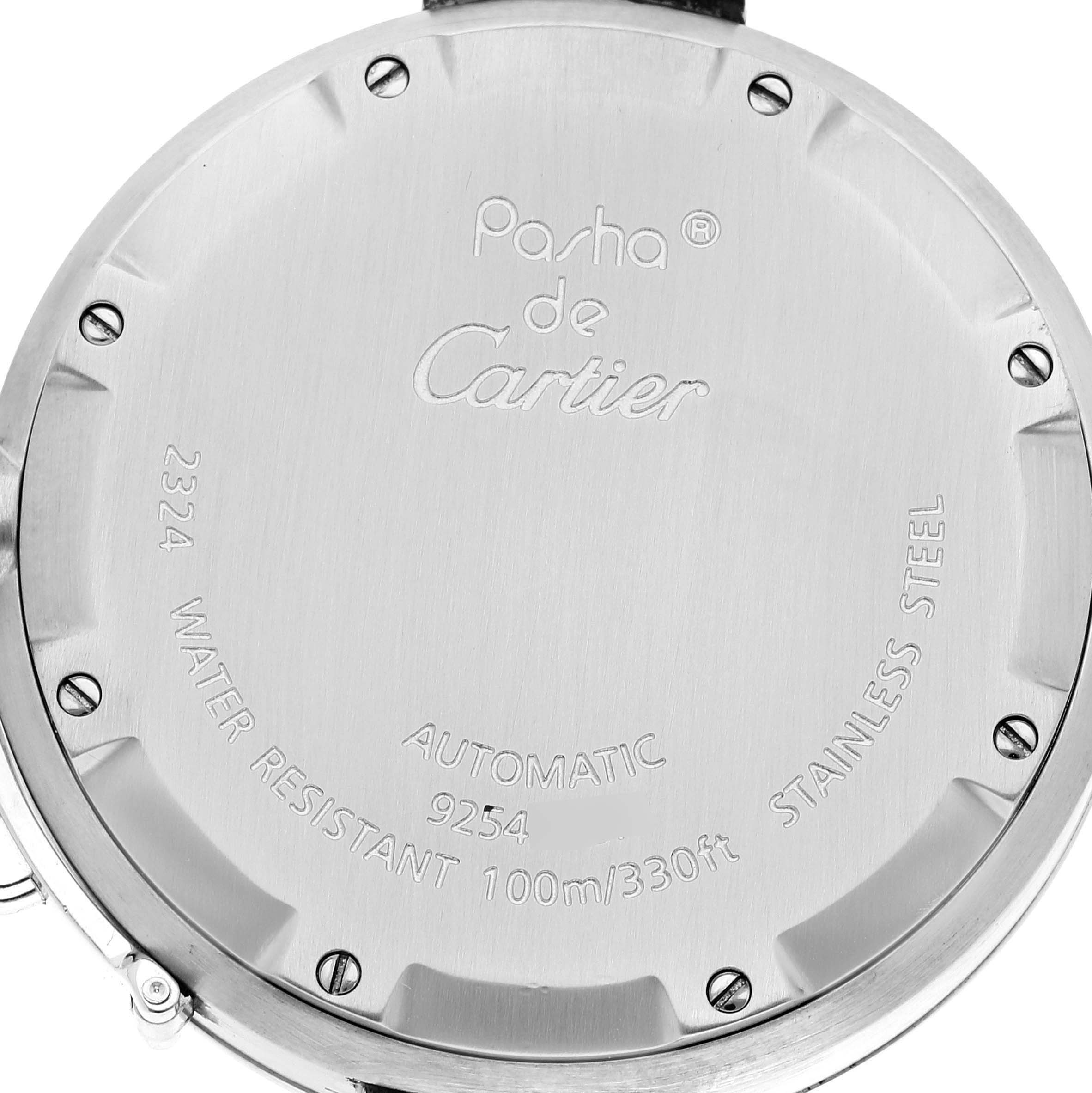 The image shows the back case of a Cartier Pasha W3108299 Women's Stainless Steel Pink Dial W3108299 Women's Stainless Steel Pink Dial watch, displaying model details and water resistance depth.