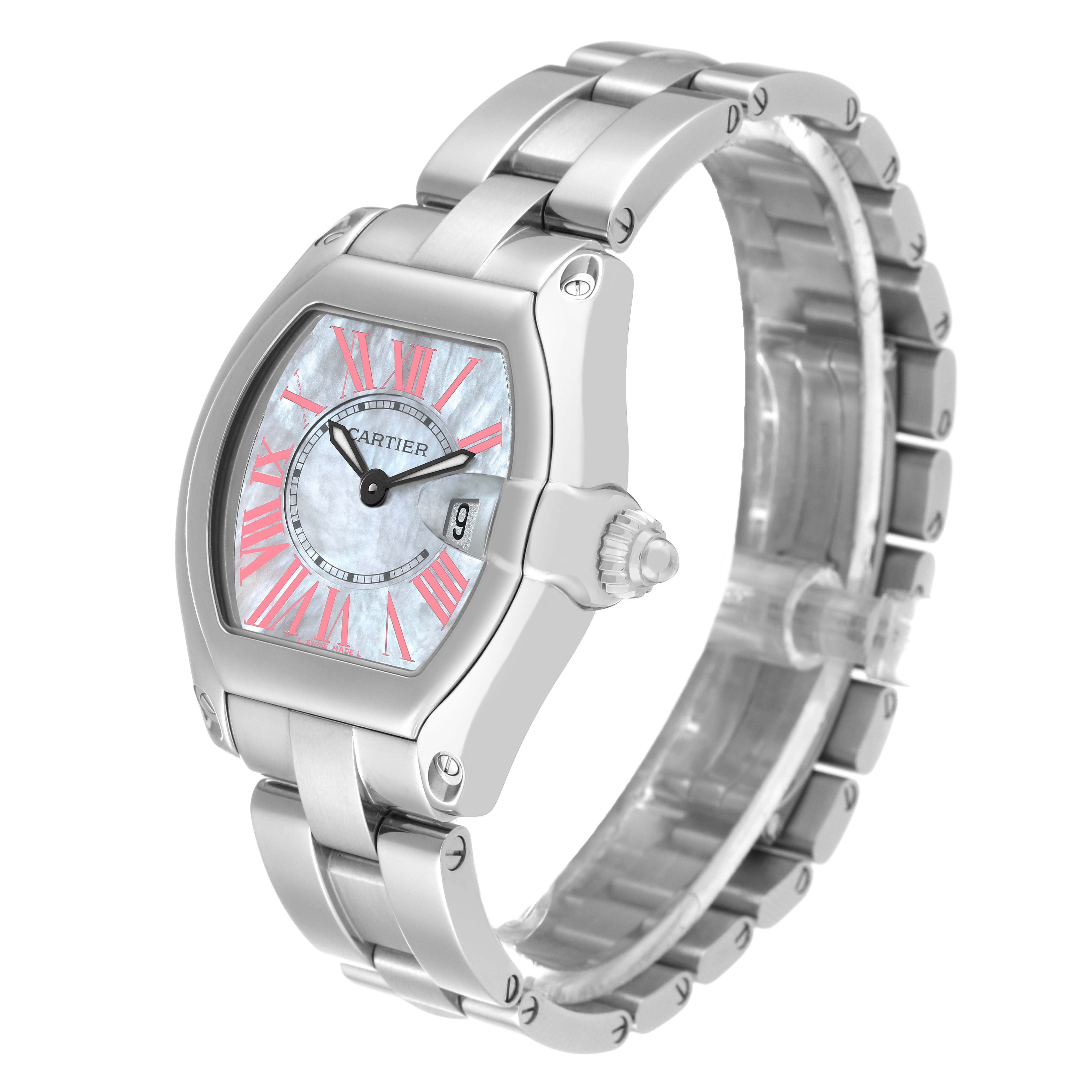 The image shows a Cartier Roadster W6206006 Women's Stainless Steel Mother of Pearl Dial W6206006 Women's Stainless Steel Mother of Pearl Dial watch from a three-quarter angle, highlighting the face, crown, and bracelet.
